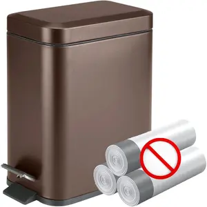 Soft Close, Slim Trash Can 1.6 Gallon with Anti - Bag Slip Liner and Lid, Use as Mini Garbage Basket, Slim Dust Bin, or Decor in Bathroom, Restroom, Kitchen, or Bedroom (Bronze)