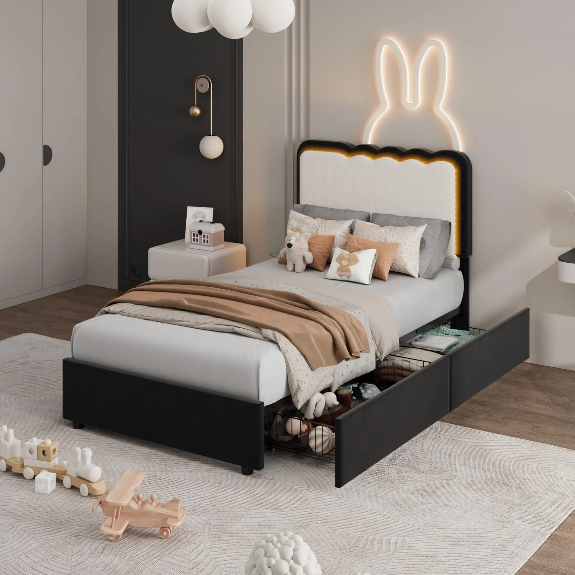 Velvet Platform Bed with LED Lights & Storage Drawers – Adjustable Wave Headboard, Sturdy Metal & Wood Support – No Box Spring Needed – Twin/Full/Queen