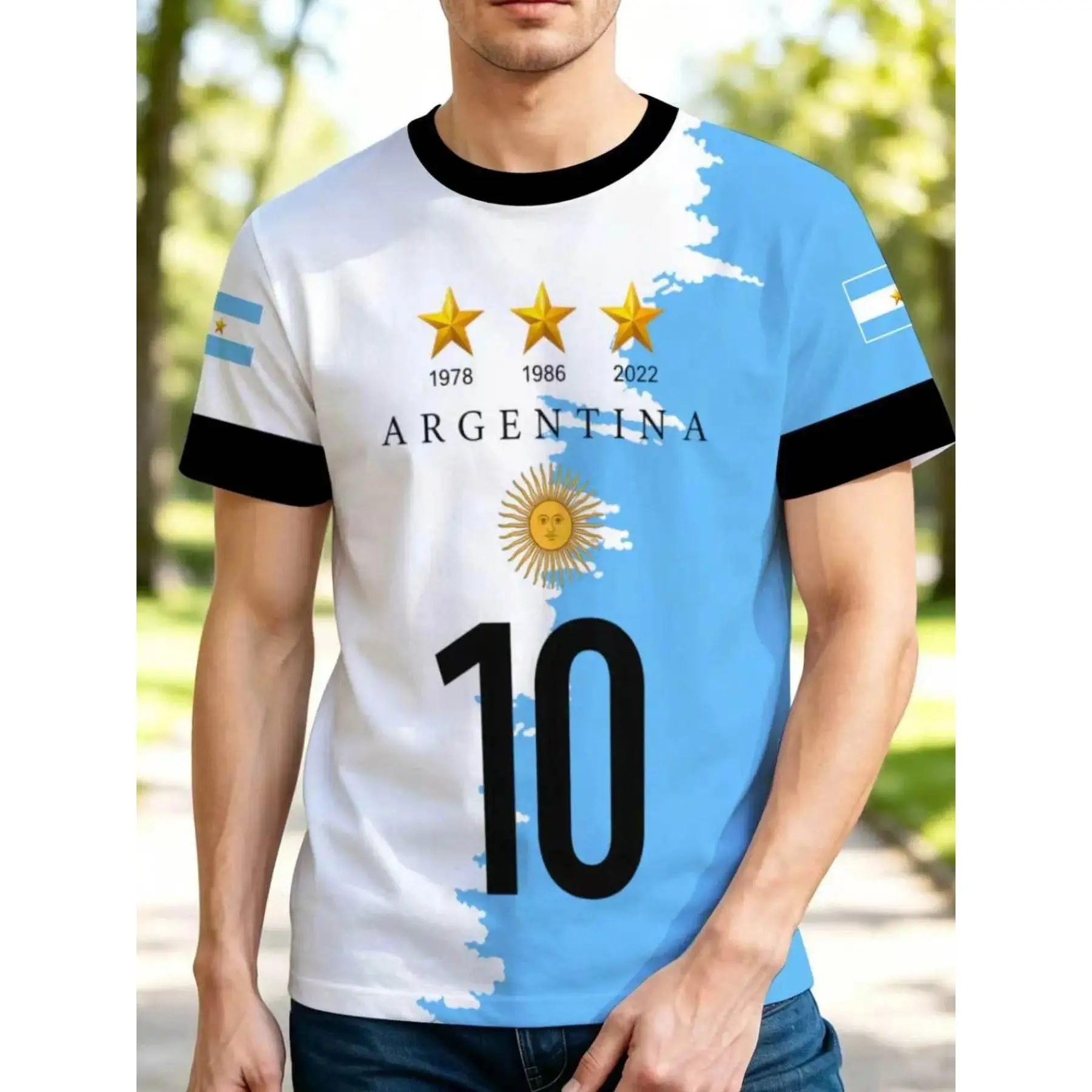 Men's Casual Fashion Activewear, Sports Clothing, Casual Workout Shirts, Fitted Short Sleeve Round Neck Sporty T-Shirt, Athletic Tee, Argentina Flag Print, Lightweight Breathable Fabric, All-Season Wear