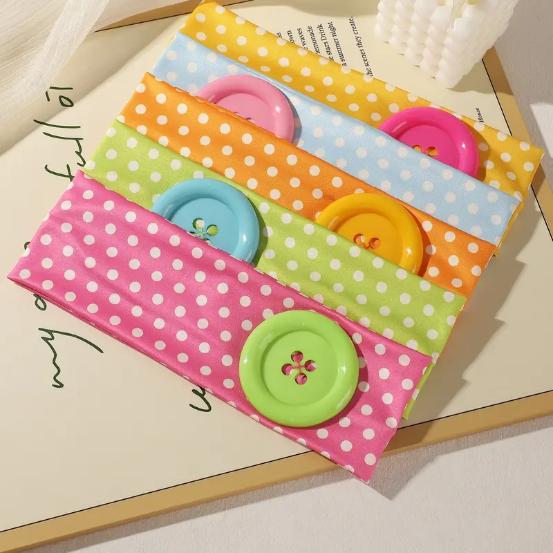 5pcs Candy Color Polka Dot Hairbands for Women, Soft and Comfortable, Large Button Design, Sweat-Proof Sports, Cute Headbands
