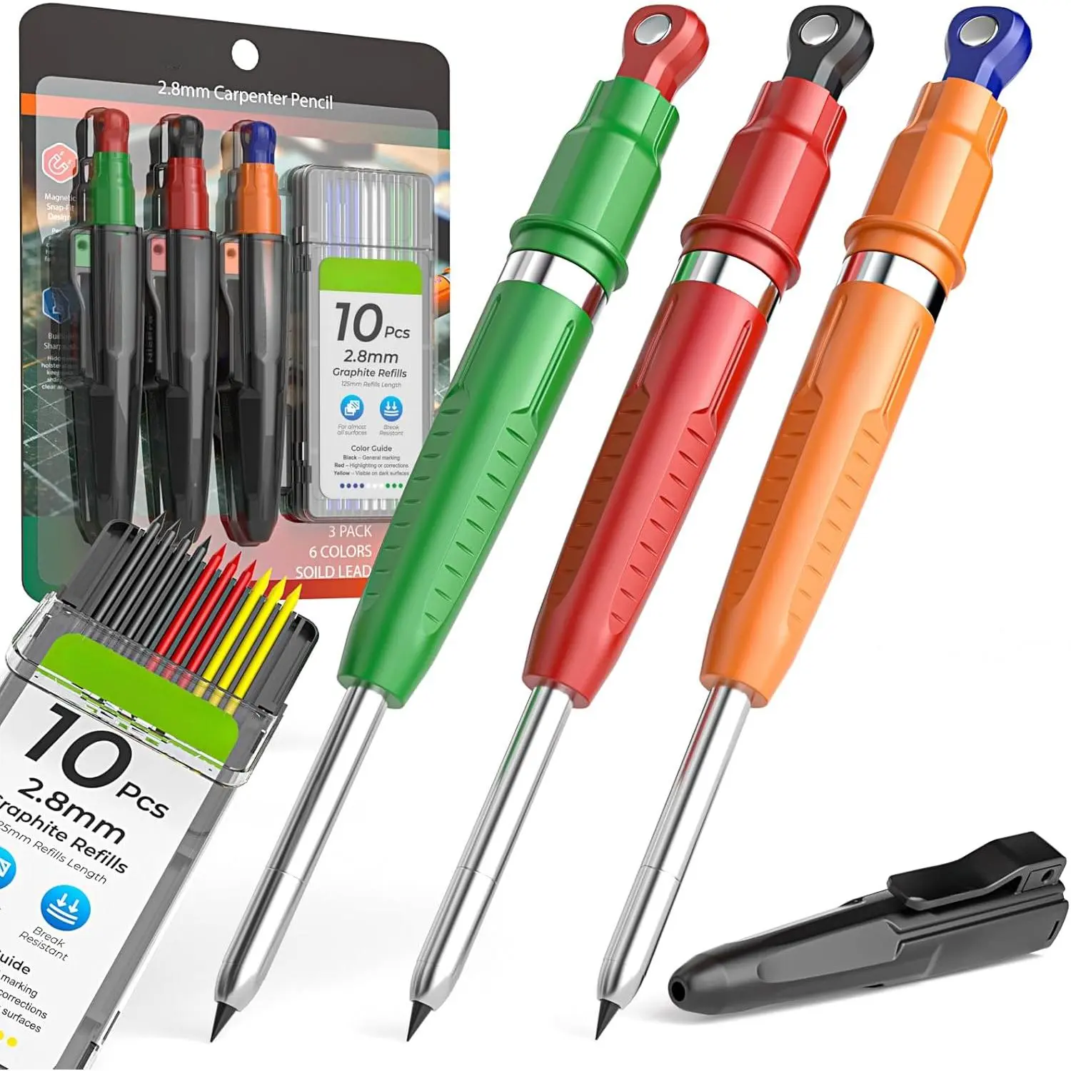 3-Pack 7-in-1 Magnetic Mechanical Pencils for Adults, 40mm Elongated Tip Blue Durable Construction Tools with Sharpener, 30 Refills, Clip, Hollow-Tail Quick-Write System, Ergonomic Non-Slip Grips, Deep Hole Marker (Carpentry & Woodworking), Mechanical Pen