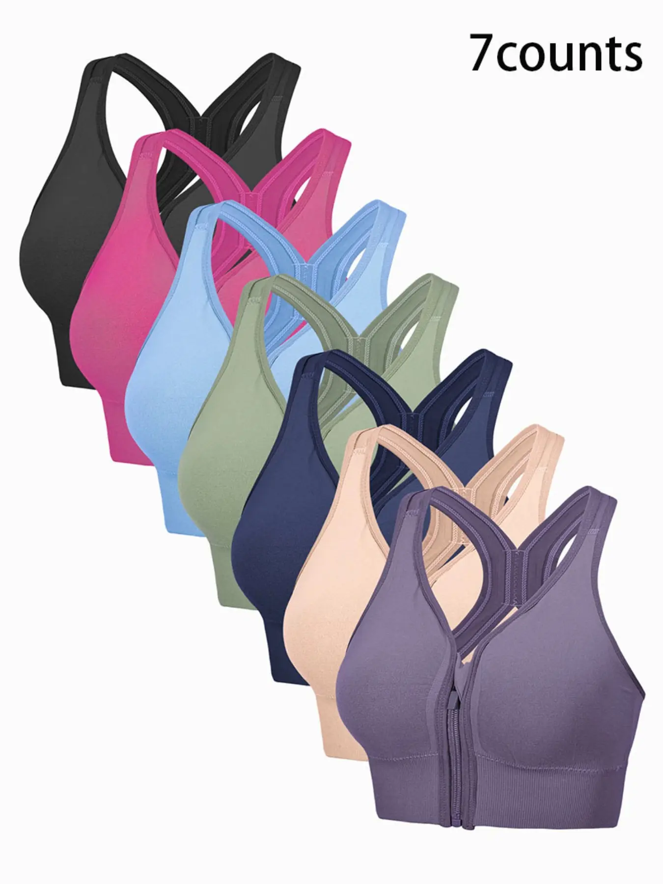 7-Pack Women's Solid Color Front Zip Compression Sports Bras, Back Ruched Cutout Design, Ideal for Athletic Wear, Comfortable & Stylish