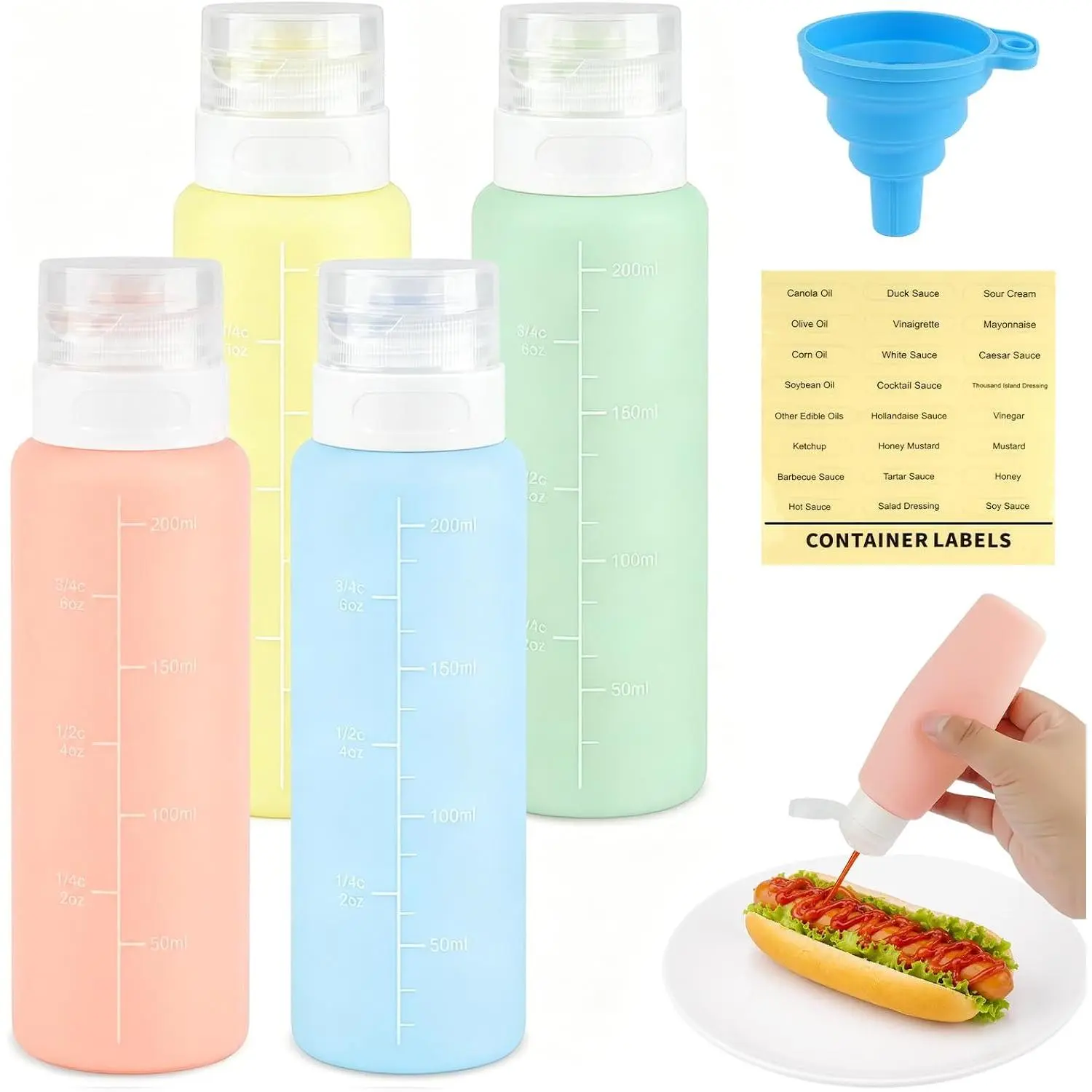4 count Condiment Squeeze Bottles, 8 oz  Squeeze Bottles For Sauces,  Leak Proof Salad Dressing Container Condiment Dispenser for Kitchen, Cooking, Travel, Picnic