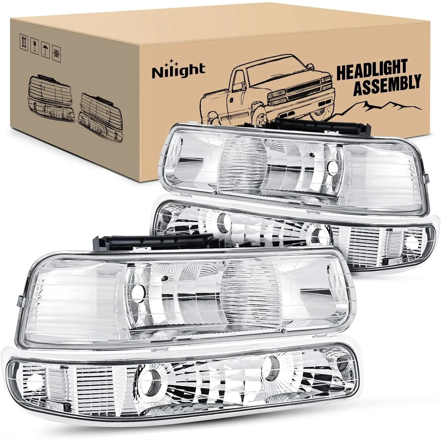 Nilight Vented Anti-Fogging IP65 Adjustable Beam Car Headlight Assembly - Headlight Vented Replacement Headlamp Housing & Bumper Lights Set for 1999-2002 Chevy Silverado 1500/1500HD/2500/2500HD/3500, Tahoe, Suburban, Car Headlights