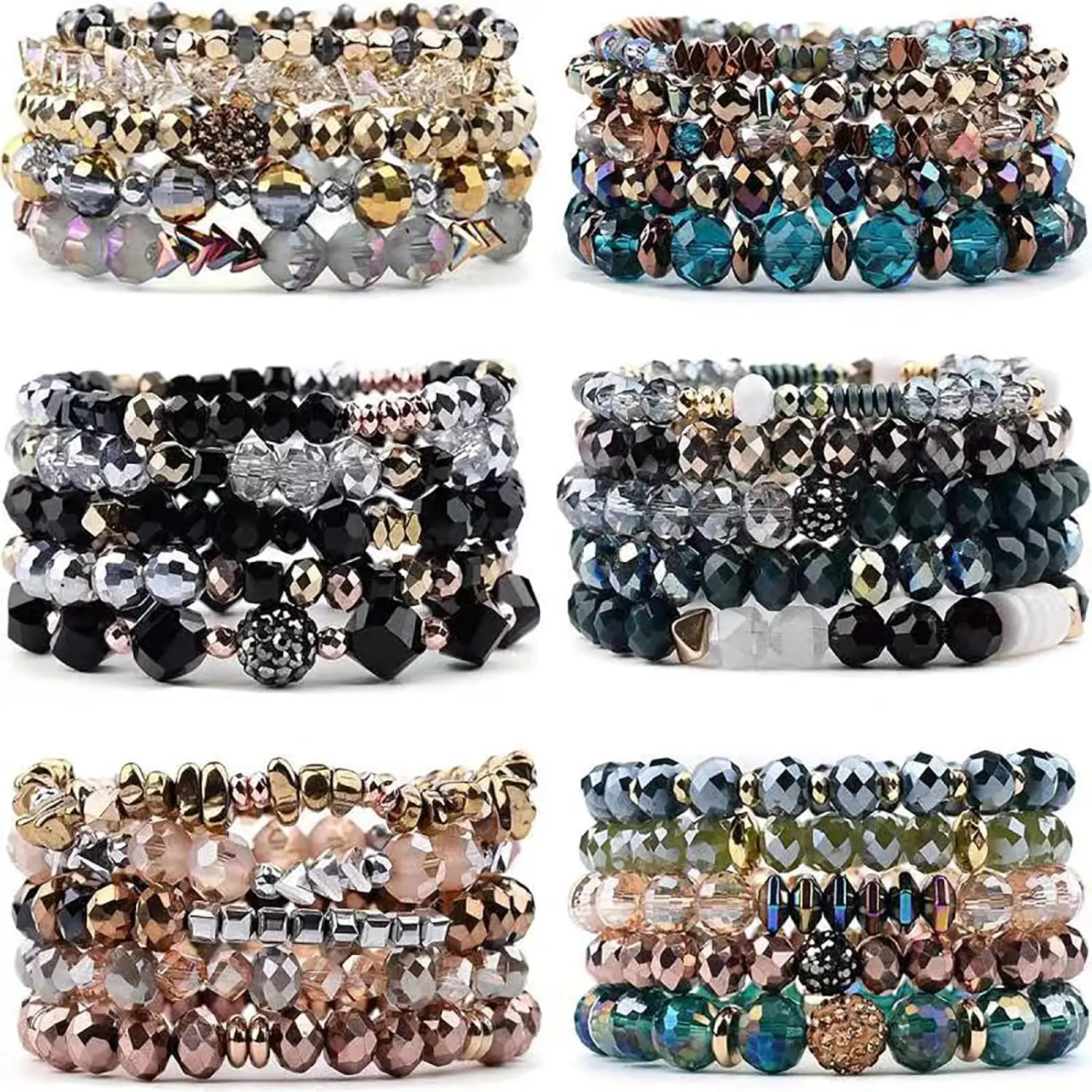 Women's 6-Set Boho Beaded Bracelets - Stackable Multilayered Crystal & Glass Bead Jewelry, Skin-Friendly Multicolor, Everyday Wear Gift with Wrist Measurement Fit
