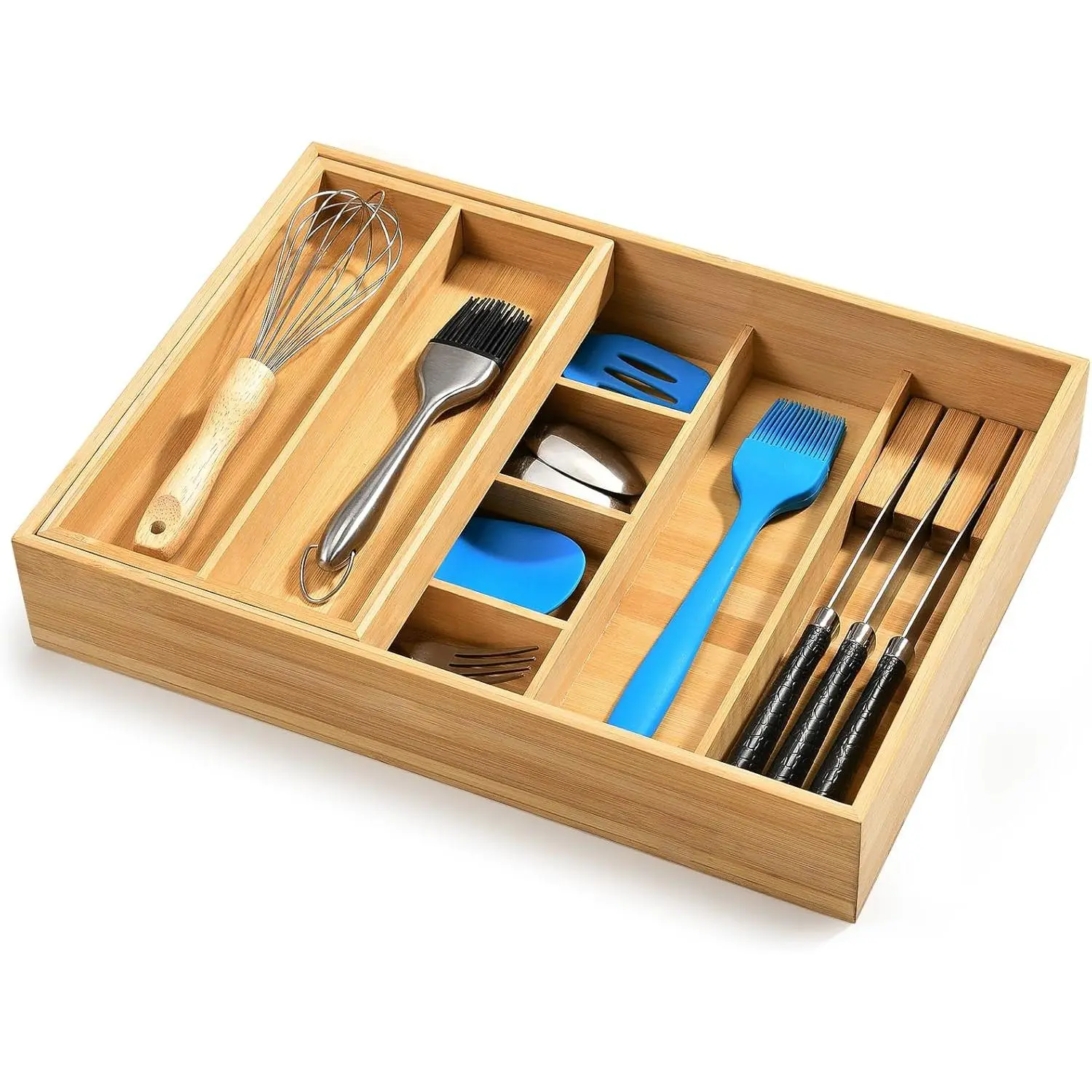 Double Layer Bamboo Utensil Drawer Organizer, 2 Tier Silverware Cutlery Drawer Organizer with Sliding Top & Removable Knife Holder, Deep 8-Slot Kitchen Drawer Organizer