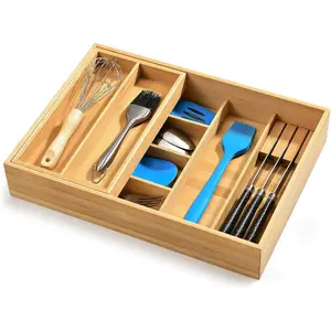 Double Layer Bamboo Utensil Drawer Organizer, 2 Tier Silverware Cutlery Drawer Organizer with Sliding Top & Removable Knife Holder, Deep 8-Slot Kitchen Drawer Organizer