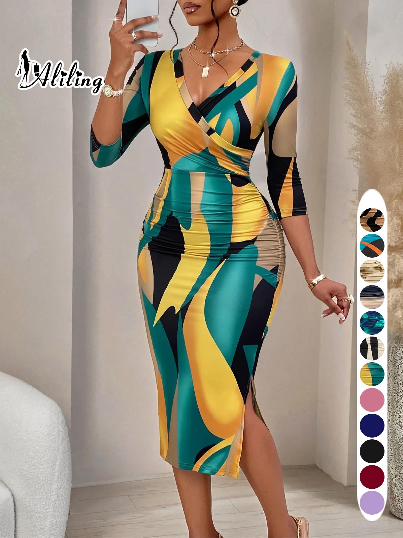 Aliling Women's Dress Valentine's Day Women's Clothing Summer Thin Elegant Midi V-Neck Half Sleeve Geometric Print Ruched Slim-Fitting Dress