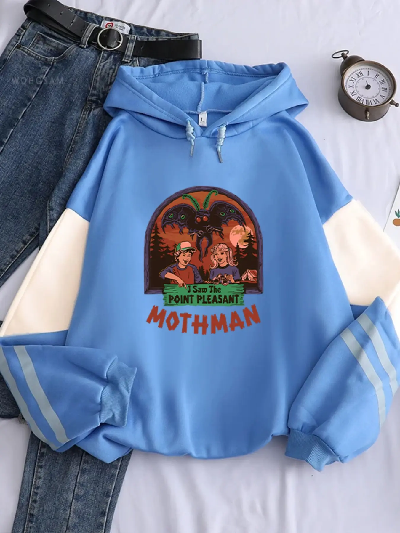 Mothman Retro Forest Cartoon Hoodie, Unisex Loose Fit Long Sleeve, Reflective Patchwork Design, Fall & Winter Casual Fashion