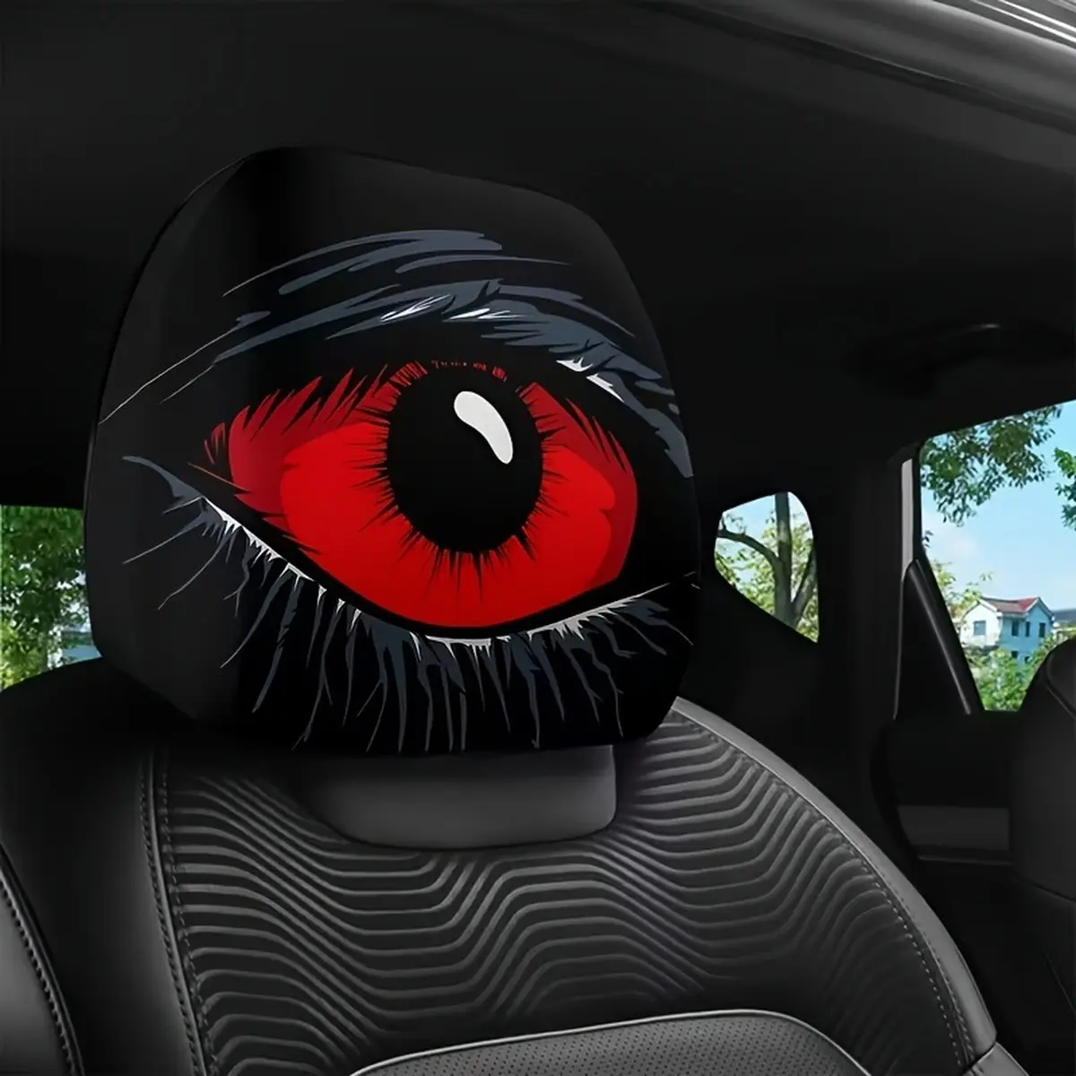 2pcs Red Devil Eyes Car Headrest Cover - Custom Halloween Auto Seat Decor, Edgy Demon Eye Neck Pillow, Universal Personalized Car Gift