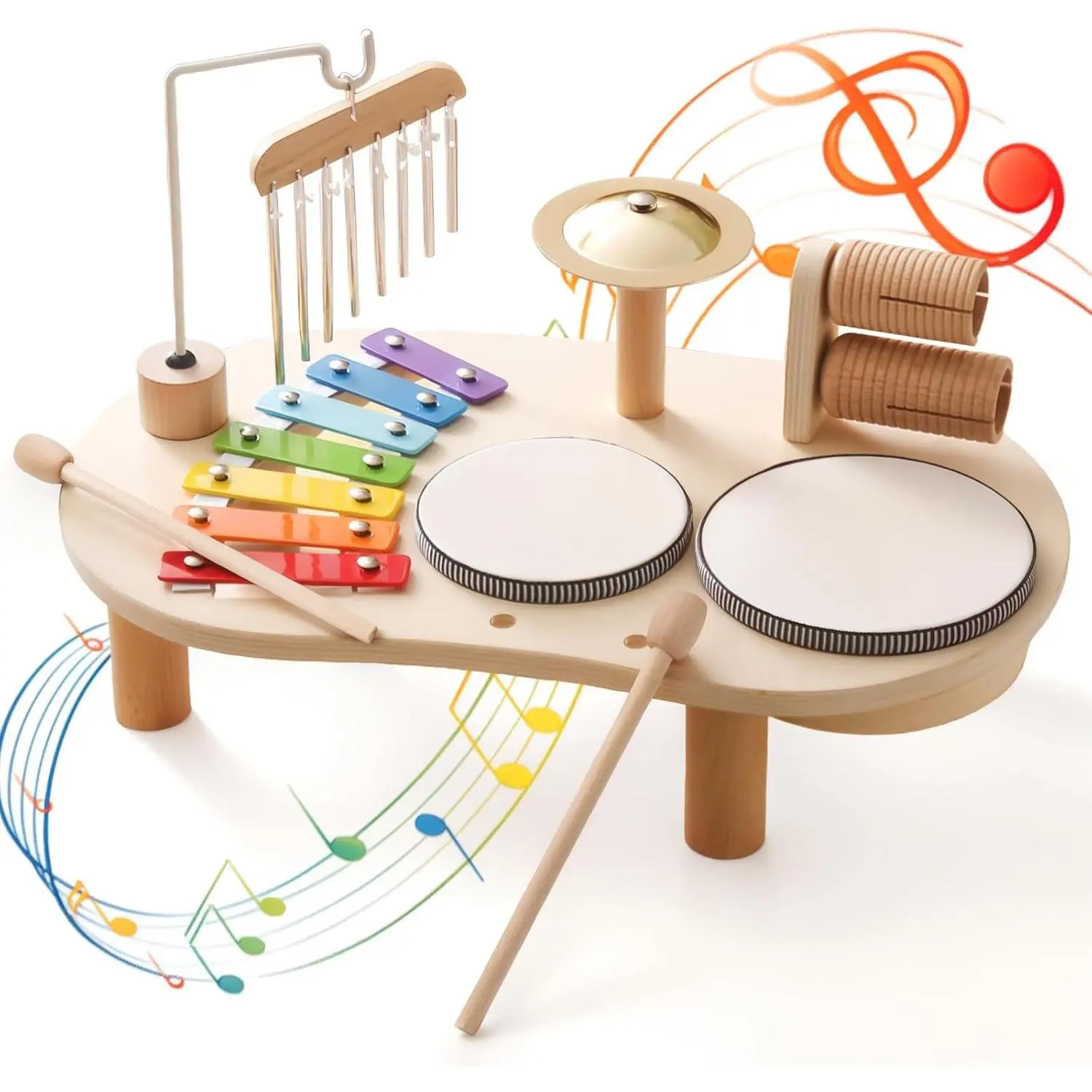Wooden Drum Set for Toddlers 1-3, Musical Percussion Instruments for Kids Baby Drum Set Xylophone, Educational Musical Toys for Girls Boys Ages 3+