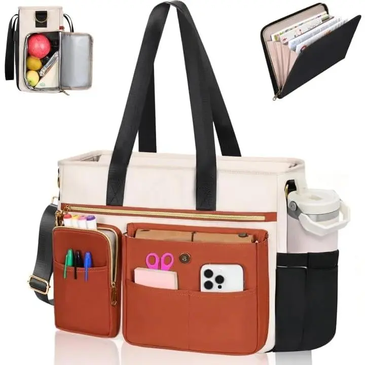 Teacher Tote Bag for Women 2 count,15.6'' Laptop Work Bag  Bag w/File Folder & Insulated Pocket, Large Water-resistant Messenger  Bag for Office/Travel/College,Black-Beige-Brown