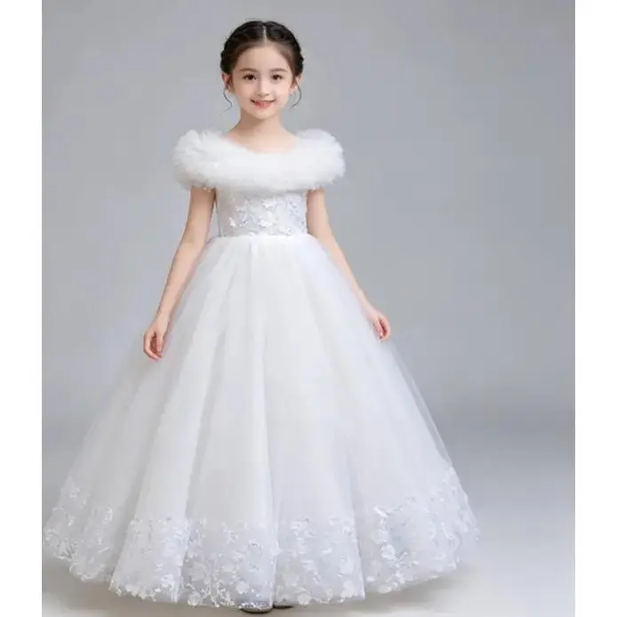 Girls' Elegant Tulle Full-Length Ball Gown - Polyester Flower Girl Long Dress, Formal Look, Prop 65 Safe, for Parties & Formal Shows, Solid Colors