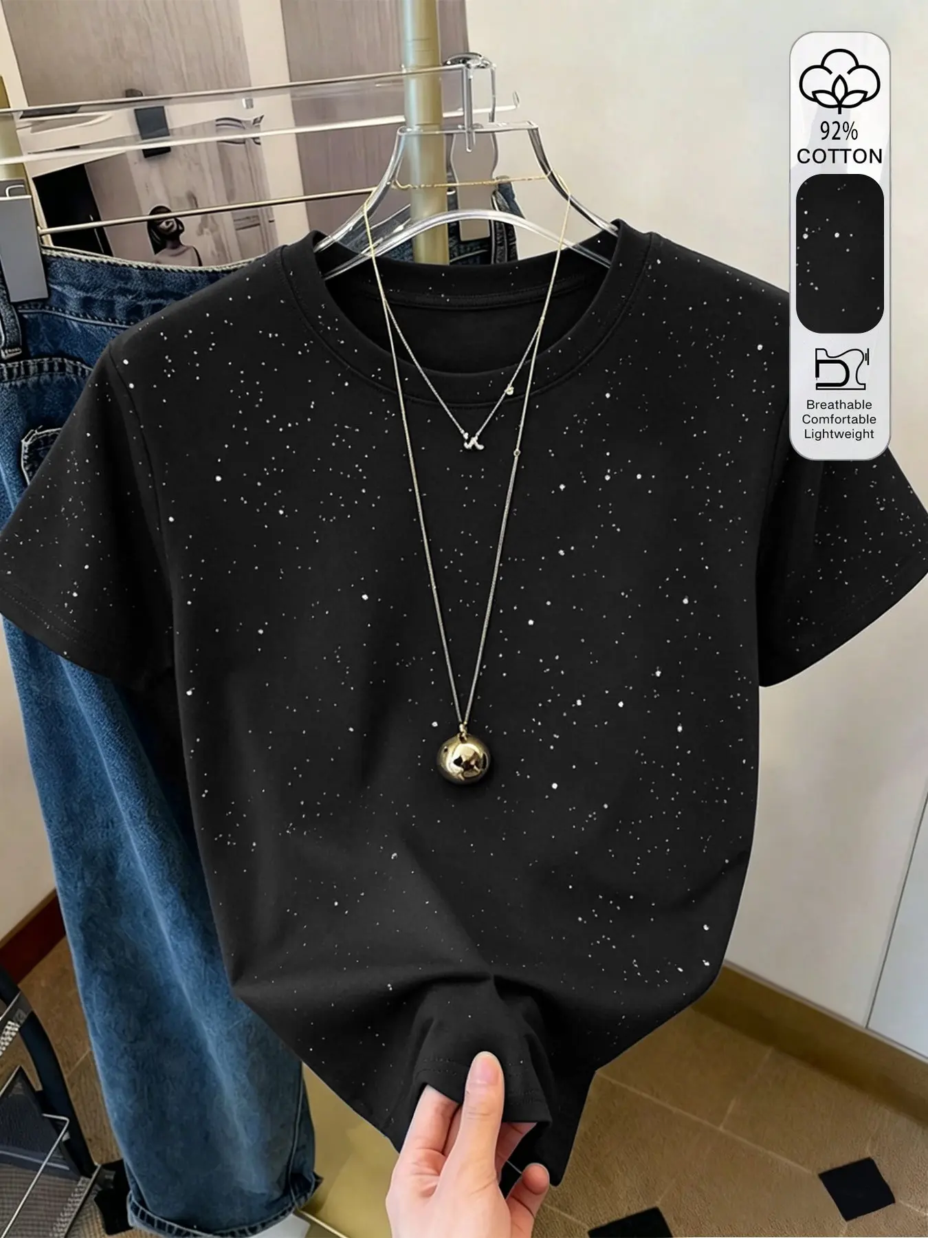 Women's Starry Night Glitter Print Round Neck Short Sleeve Cotton T-Shirt, Casual Daily Wear, Fashionable and Comfortable Top