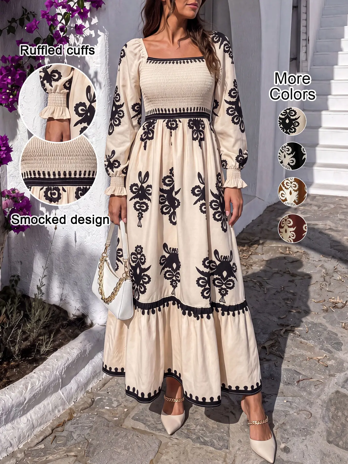 Women's Vintage Floral Lantern Sleeve High Waist Bohemian Romantic Dress, Square Neck Shirred Design, Valentine's Day Party Elegant Evening Party Dresses