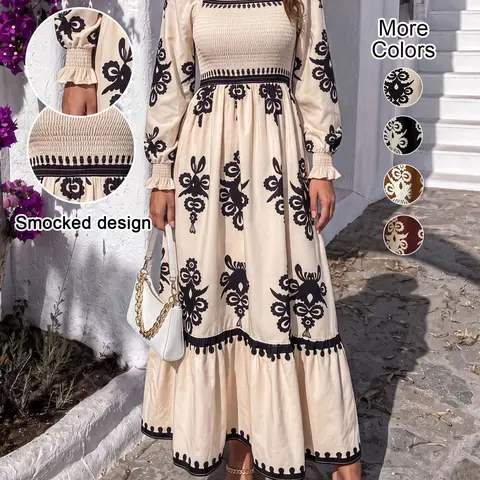 Women's Vintage Print Lantern Sleeve High Waist Dress, Square Neck Fitted Ruffle Design, Elegant Fall Winter Party, Maxi Dress