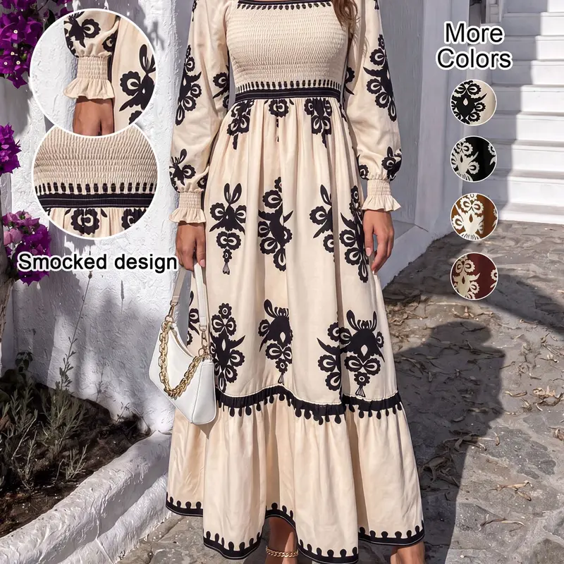 Women's Vintage Print Lantern Sleeve High Waist Dress, Square Neck Fitted Ruffle Design, Elegant Fall Winter Party, Maxi Dress