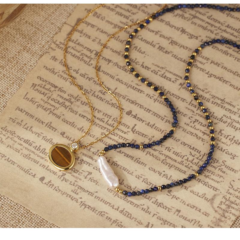 18K Gold Plated Tiger Eye Stone Necklace 925 Sterling Silver Lapis Lazuli Beaded Collar Chain Daily Wear Festival Gift Jewelry