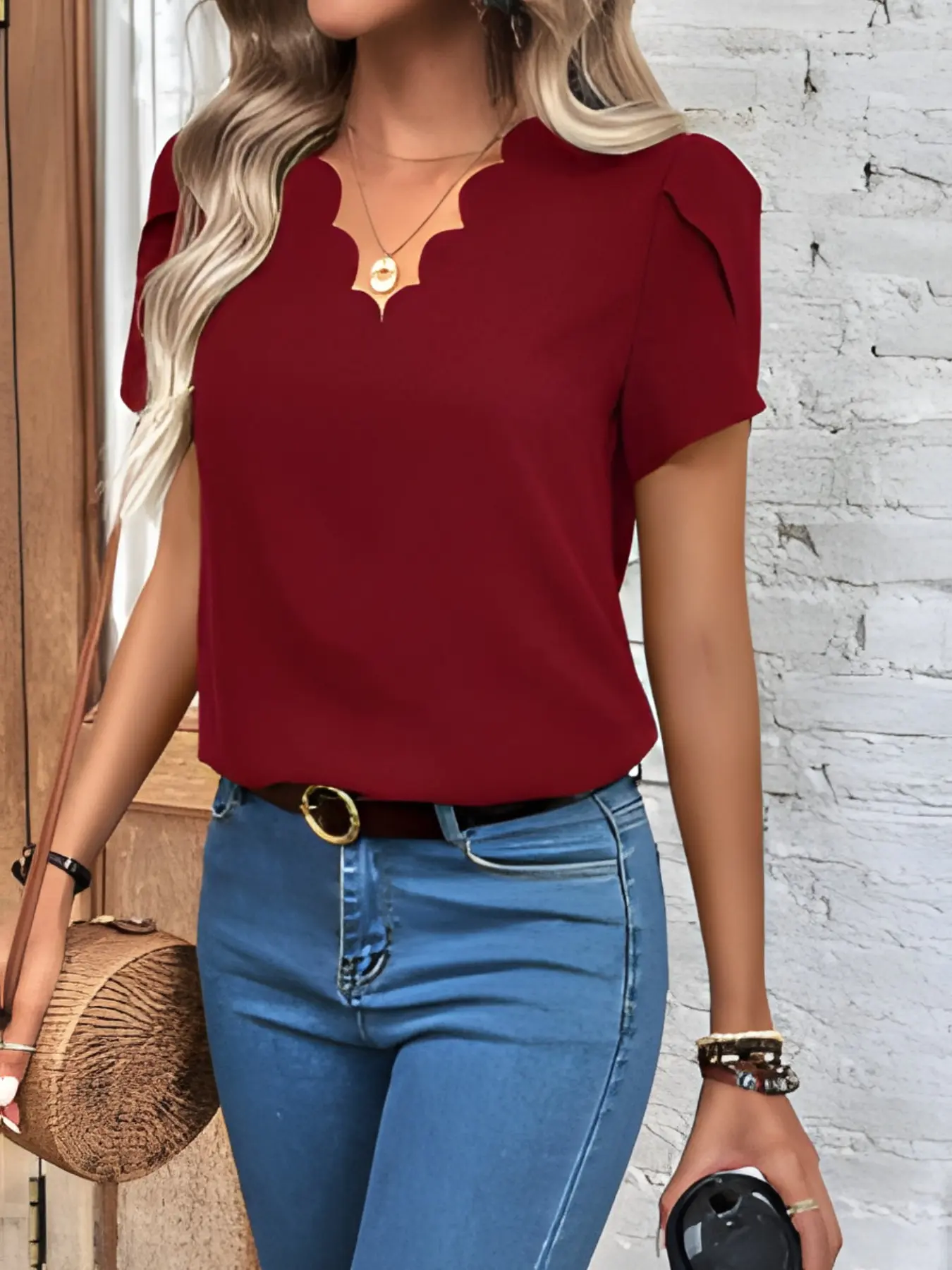 Women's Wave Ruffle V-Neck Short Sleeve Top, Basic Simple Solid Color, Loose Fit, Lightweight Chiffon, Office Style, Versatile Blouses T-Shirt Shirt