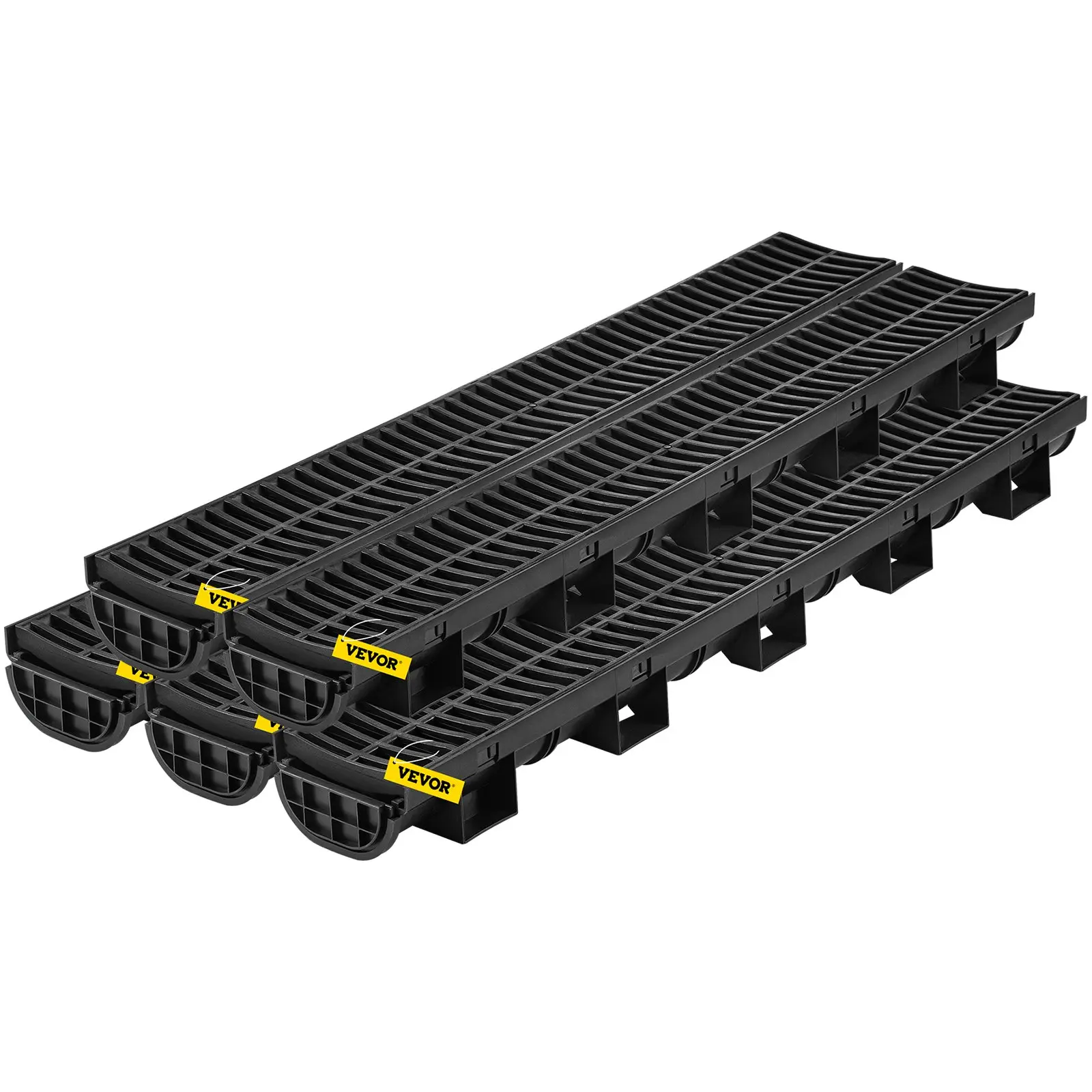 VEVOR 5-Pack Drainage Trench System, 5.7x3.1-Inch HDPE Channel with 5x39 Trench Drain Grate, Garage Floor Fixture, 5 End Caps, Outdoor Water Drainage Solution for Garden, Driveway