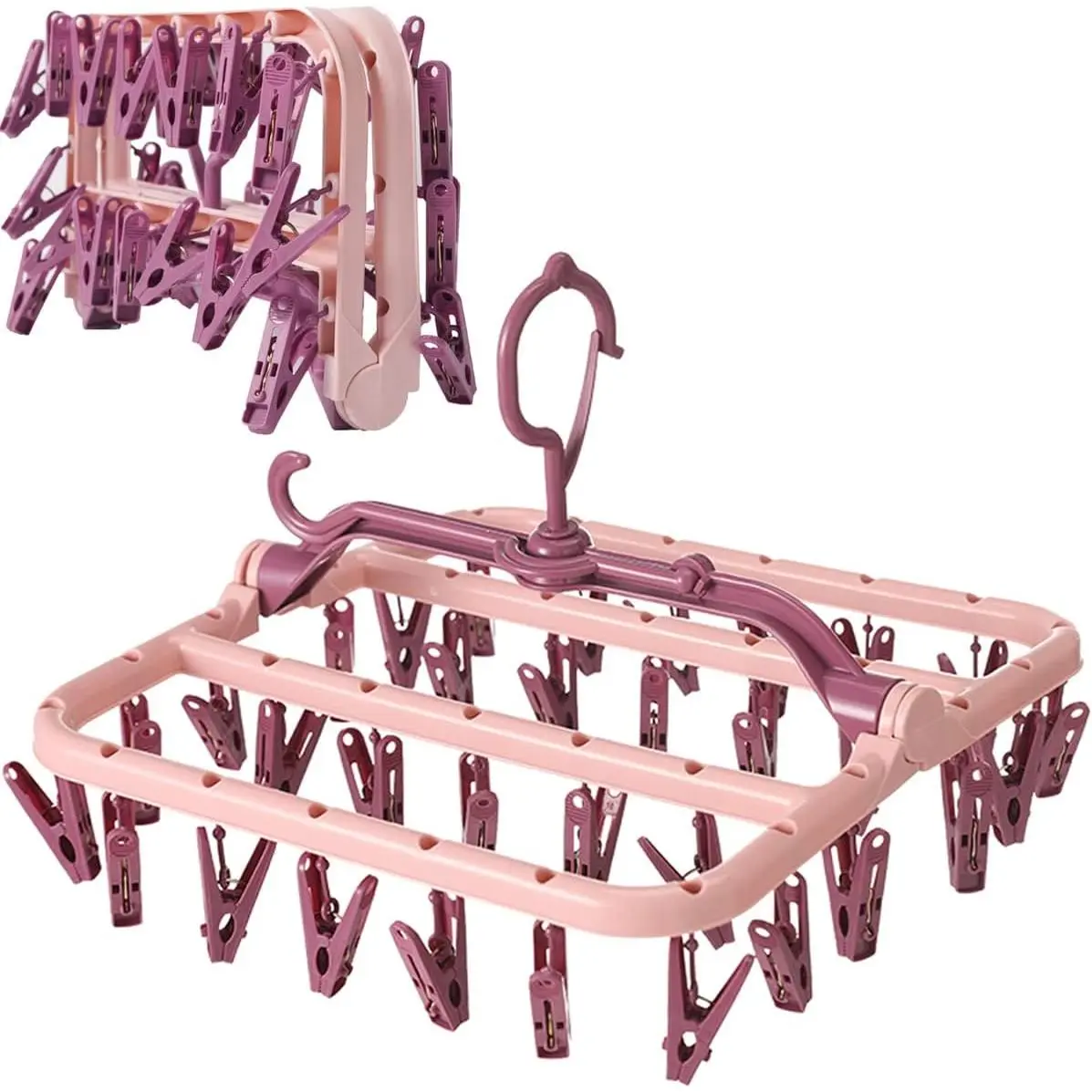Clothes Drying Racks Foldable Clip Hangers Plastic with 32 Drying Clips Wind-Proof Hook Underwear Hanger  Socks Bras (Pink)