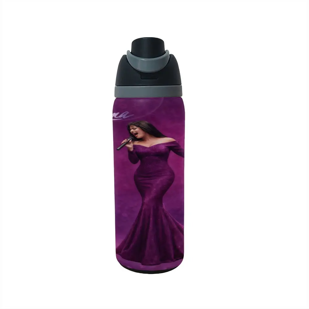 1pc 32oz 960ml 304 Stainless Steel Handheld Tumbler, Selena Singer Portrait In Purple Velvet Gown With Red Rose, Autograph & Purple‑Gradient Smoky Background All‑Over Print Latin‑Music‑Icon‑Themed Large‑Capacity Portable Tumbler