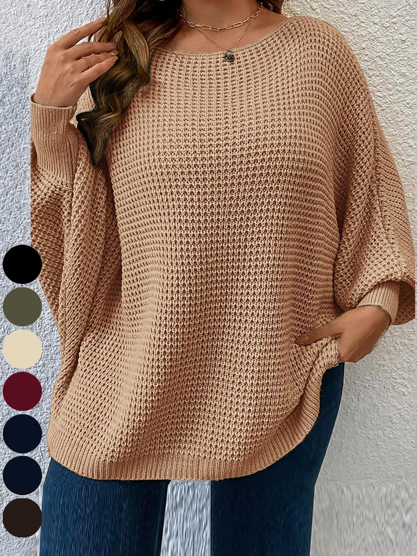 Plus Size Solid Batwing Sleeve Boat Neck Sweater Knitwear, Casual Long Sleeve Jumper for Fall, Plus Size Clothing for Daily Wear, Womenswear