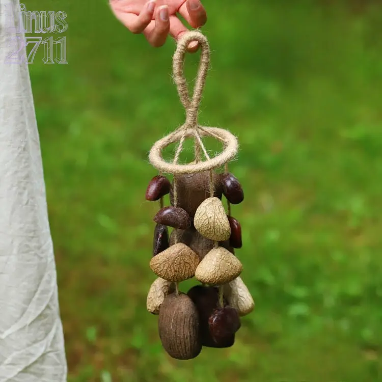 Handmade Natural Dried Seed Pod Fruit Shell Wind Chime Hemp Rope Hanging Rattle Bell Soft Sound Calming Meditation Bell Boho Home Decor