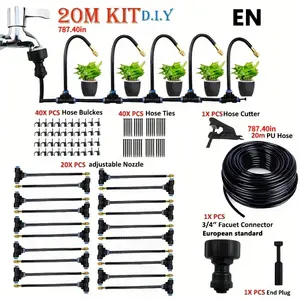 20m Universal Micro Drip Irrigation Kit with Adjustable 7.87-inch Spray Nozzles - Automatic Watering System for Balcony Greenhouse Gardening, European and American Thread Standard, Flexible and Shapeable Hose, No Electricity Required