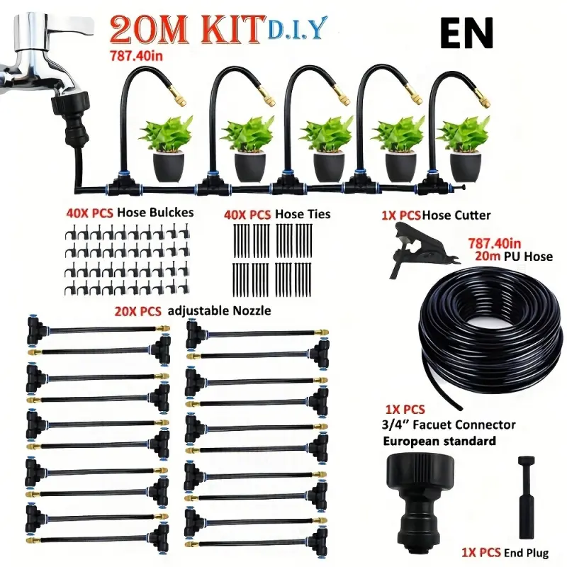 20m Micro Drip Irrigation Kit with Adjustable 7.87-inch Spray Nozzles, Automatic Plants Watering, Automatic Watering System, Self Watering System for Balcony Greenhouse Gardening, European and American Thread Standard, Flexible Hose