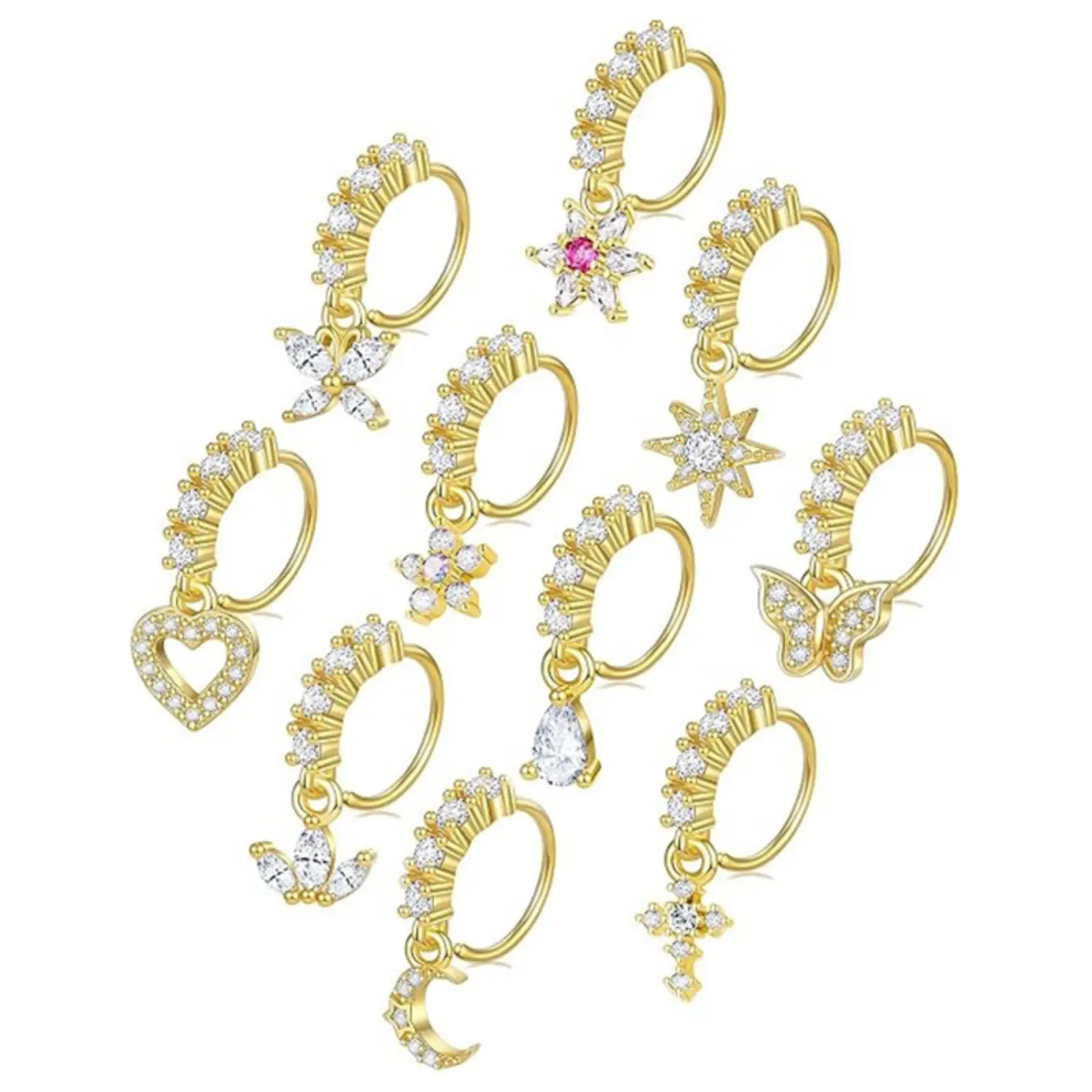 Adjustable Nose Rings, cross and butterfly designs inlaid with sparkling cubic zirconia. Stylish piercing nose jewelry, comfortable to wear and easy to adjust for daily matching.