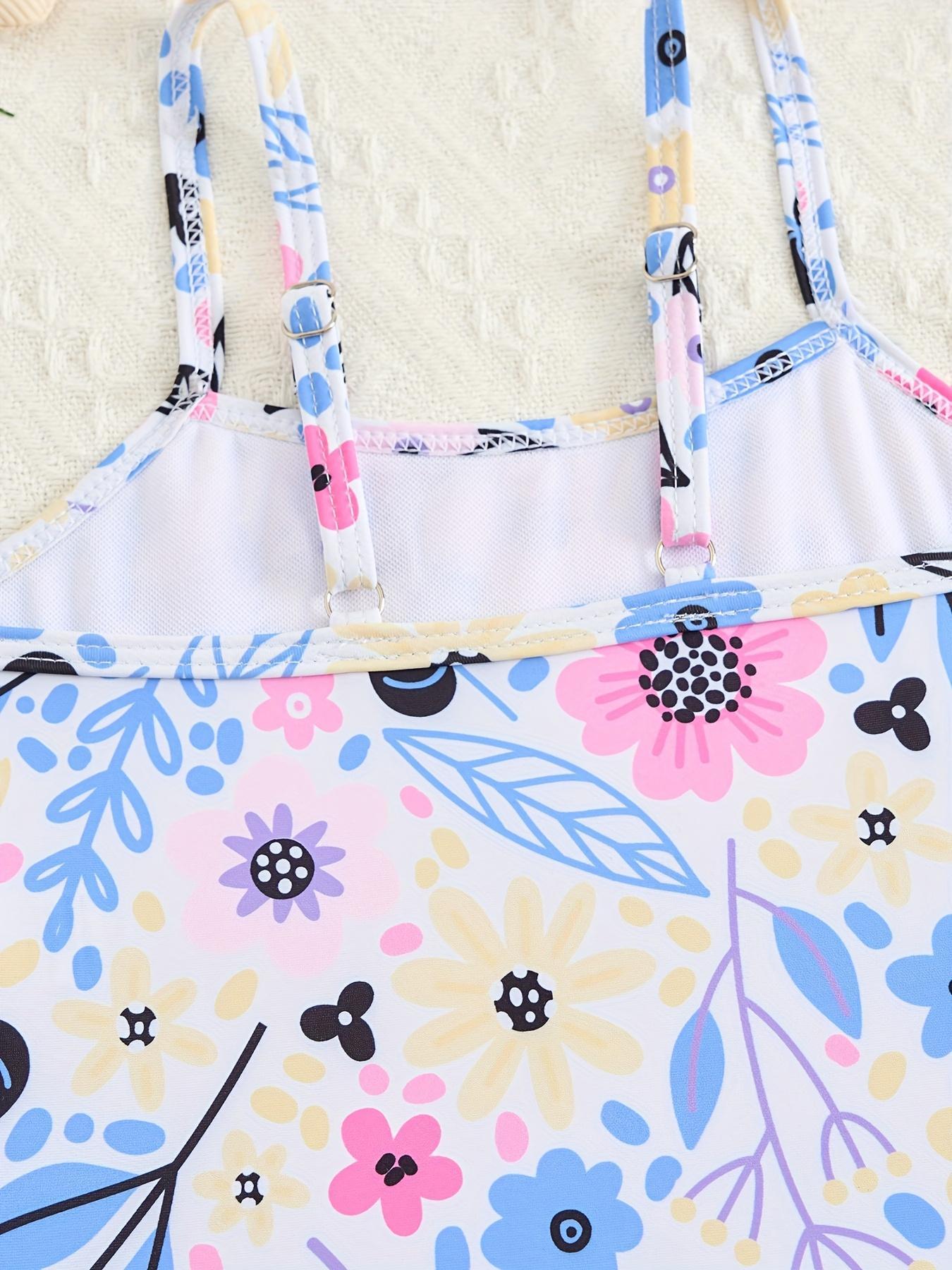 Girl's Floral Print One-piece Swimsuit & Swimming Cap, Cute Casual Swimwear Set for Beach Holiday Vacation, Kids Swimsuit for Summer
