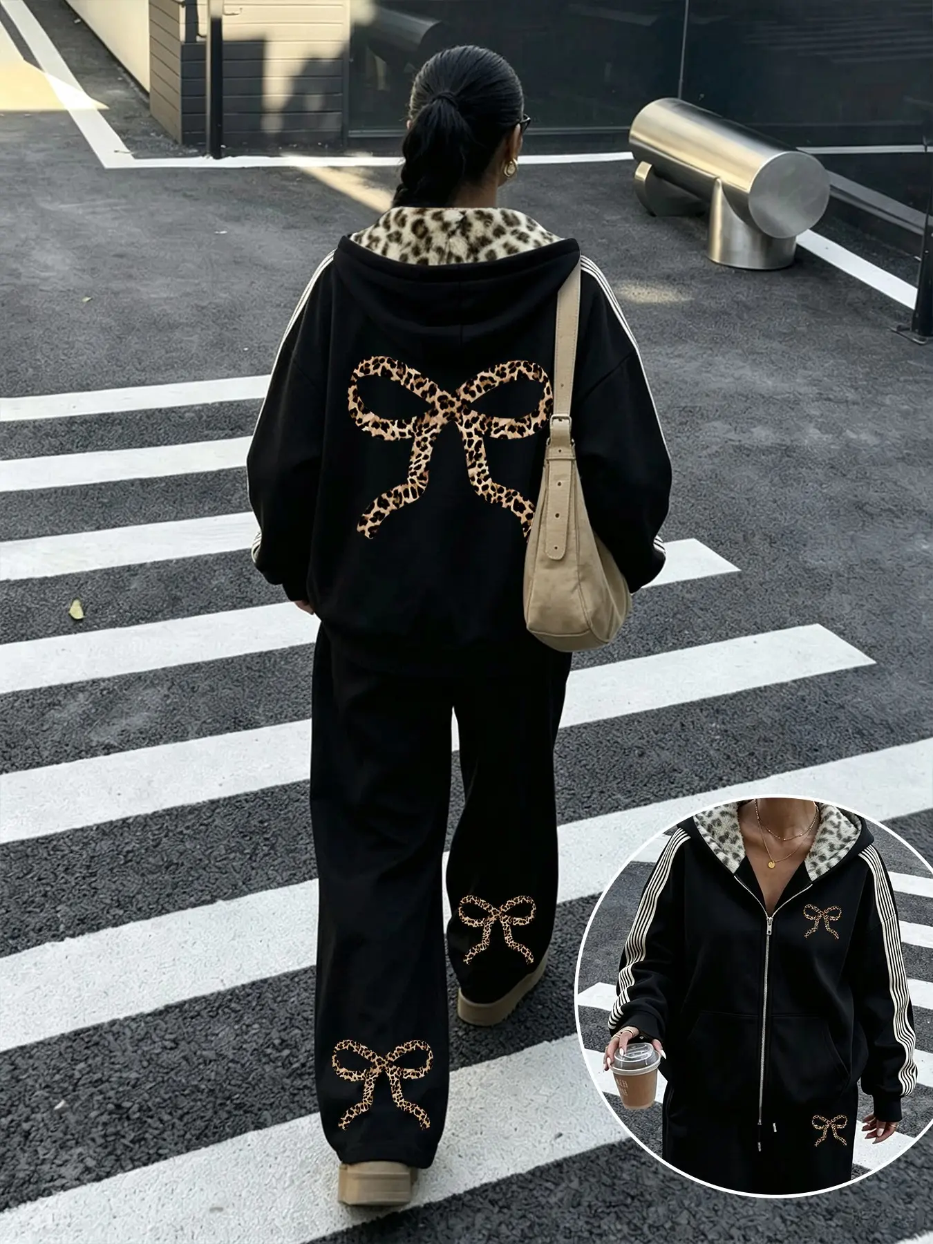 Women's Casual Leopard Print Long Sleeve Set, Zipper Design, Loose-Fit Sweatpants, Fall & Winter Comfort, Daily Wear or Sportswear