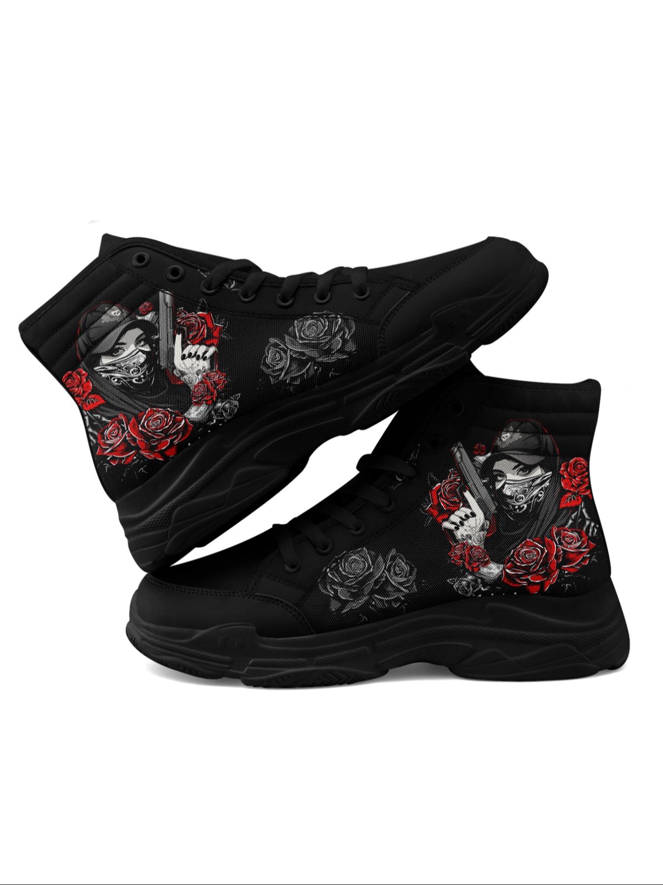 Women's Fashionable Rose & Lady Pattern Lace Up High Top Sneakers, Casual Comfortable Sports Shoes for Daily Wear, Breathable Non-slip Shoes for All Seasons