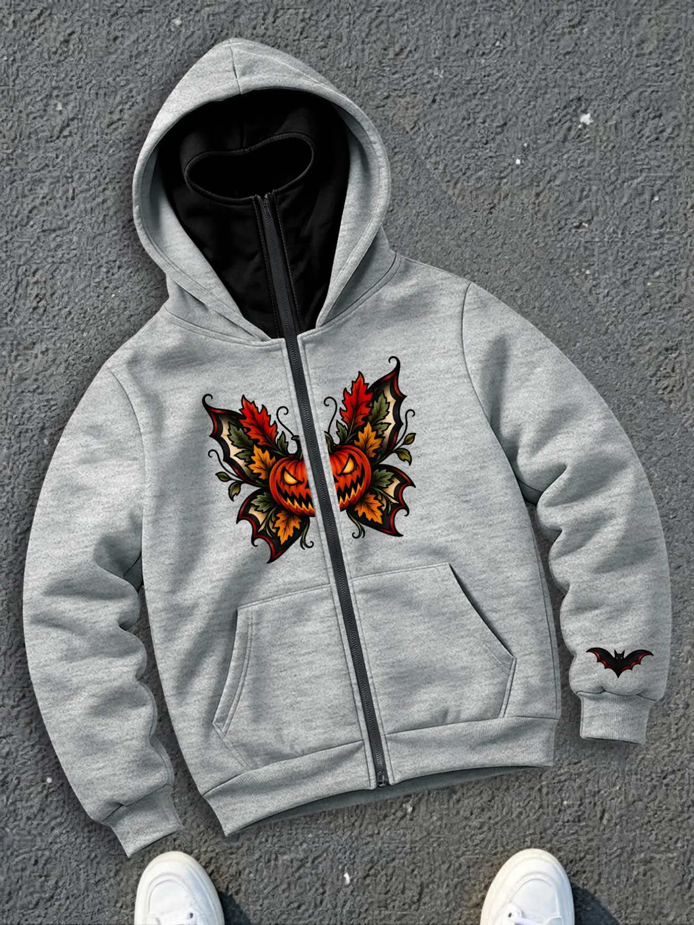 Stylish Dark Streetwear Hooded Sweatshirt with Double Pumpkin Flame Pattern and Fire Icon Design, Casual Slim Fit for Fall and Winter, Unique Gothic Attire for Trendy Looks