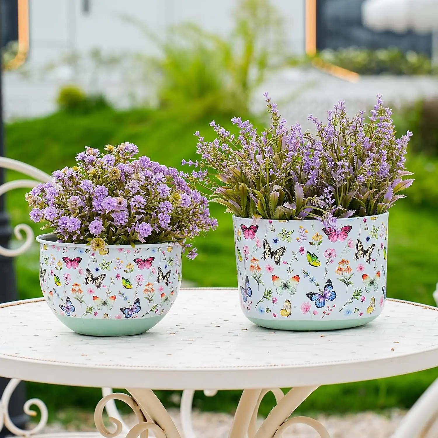 Butterfly &  Metal Planters Set of 2 – Decorative Flower Pots with Colorful Garden Prints, Outdoor & Indoor Use Cute Spring Floral Design for Patio, Balcony,  Decor (Butterfly)