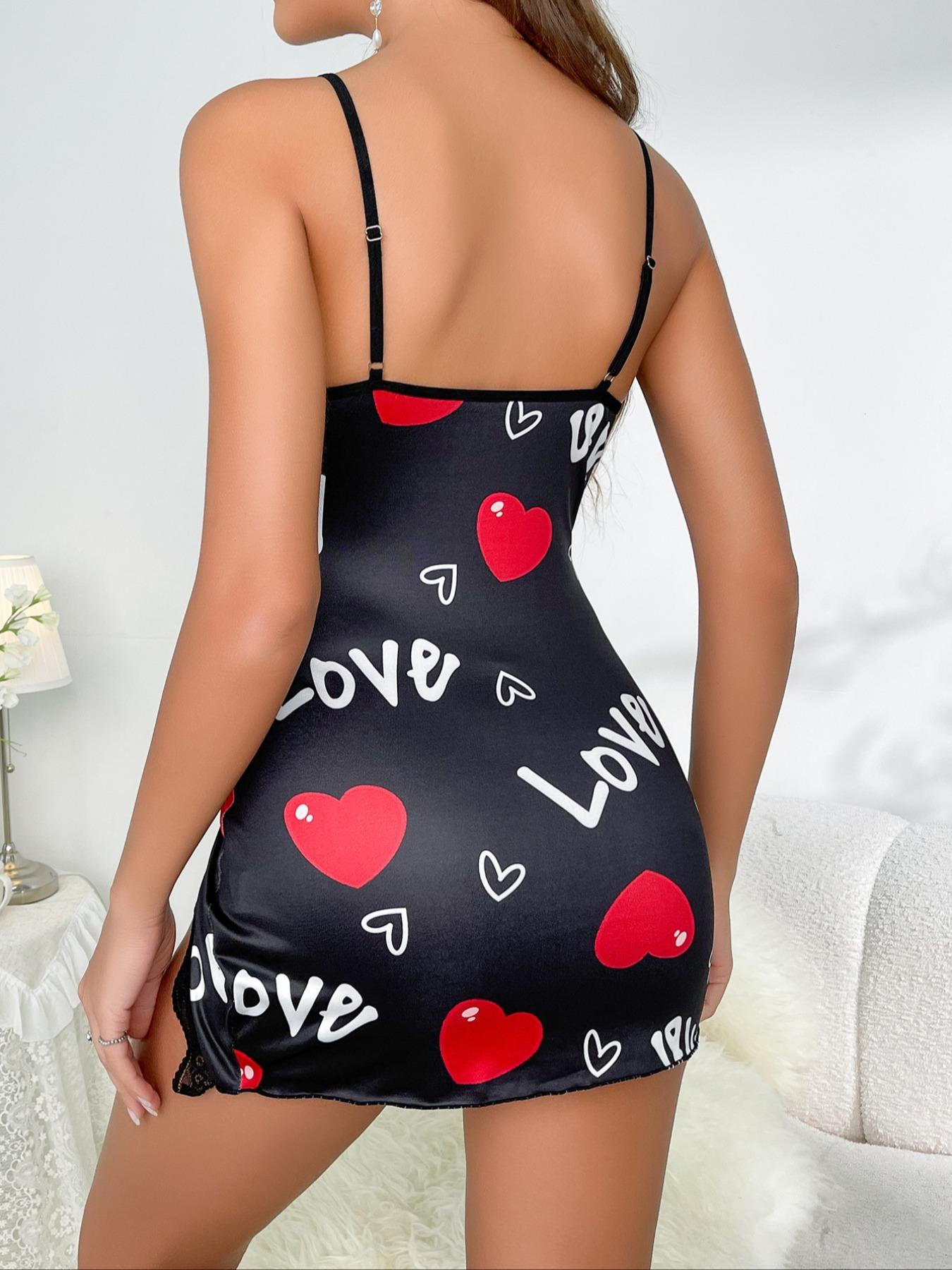 Women's Heart Print Adjustable Spaghetti Strap Nightdress, Elegant Sleepwear for All Seasons, Lightweight Fabric, Romantic Valentine's Day Gift