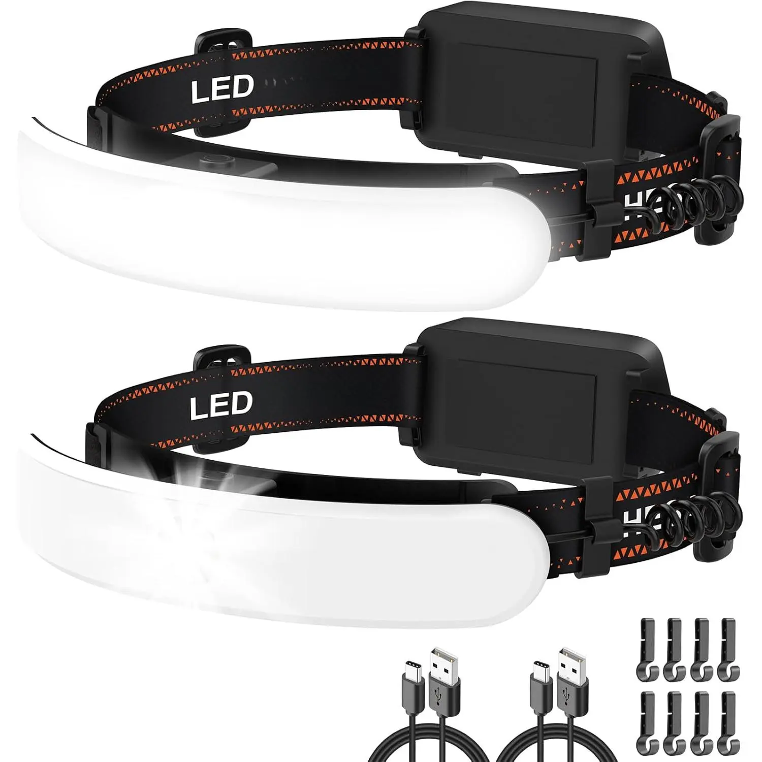 Rechargeable High-Lumen LED Headlamps (2-Pack) with Built-In Batteries for Mechanics, 230° Wide Beam, 1800 Lumen, 6 Modes, 90° Rotatable, Fit for Hardhat & Camping Use, Mechanic, Batteries Built-In