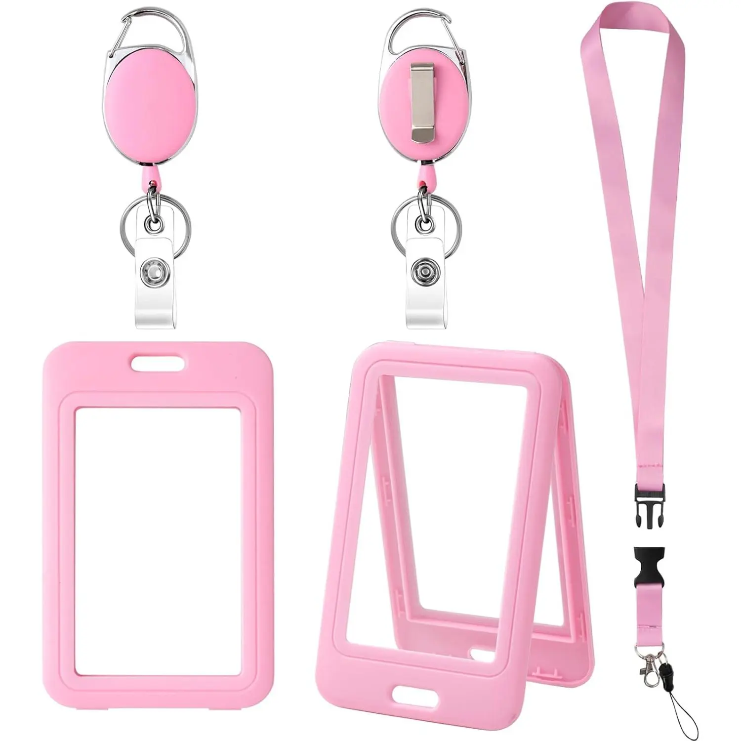 ID Badge Holder with Retractable Reel & Detachable Lanyard Clip, Double-Sided Clear Card Holder, Easy-Release Buckle, Key Card Protector for Office Teacher Nurse Student Women Pink Vertical