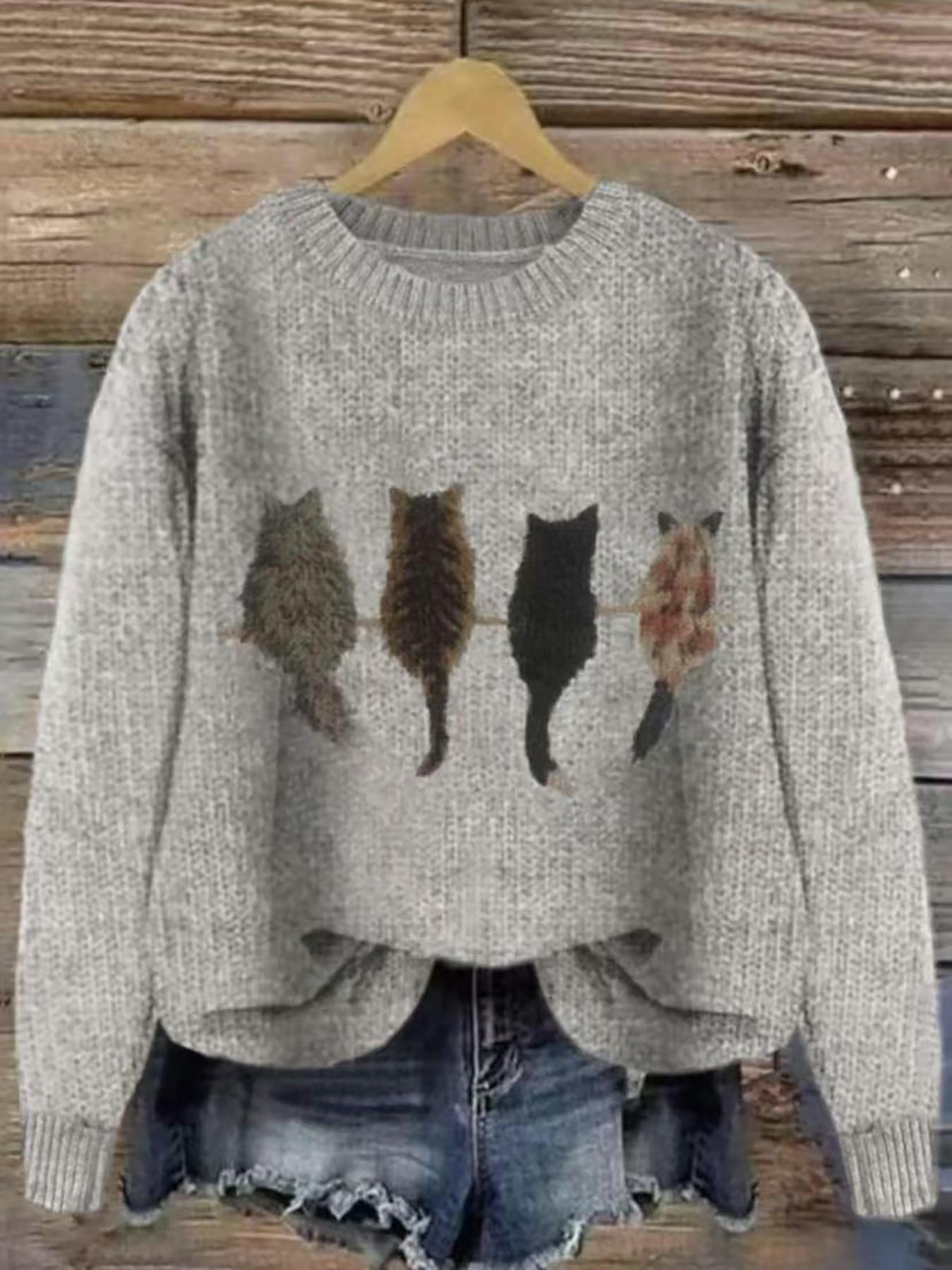 Women's Cat Pattern Knit Sweater, Soft Comfortable Round Neck Pullover, New Design Casual Fashion Lazy Style Top