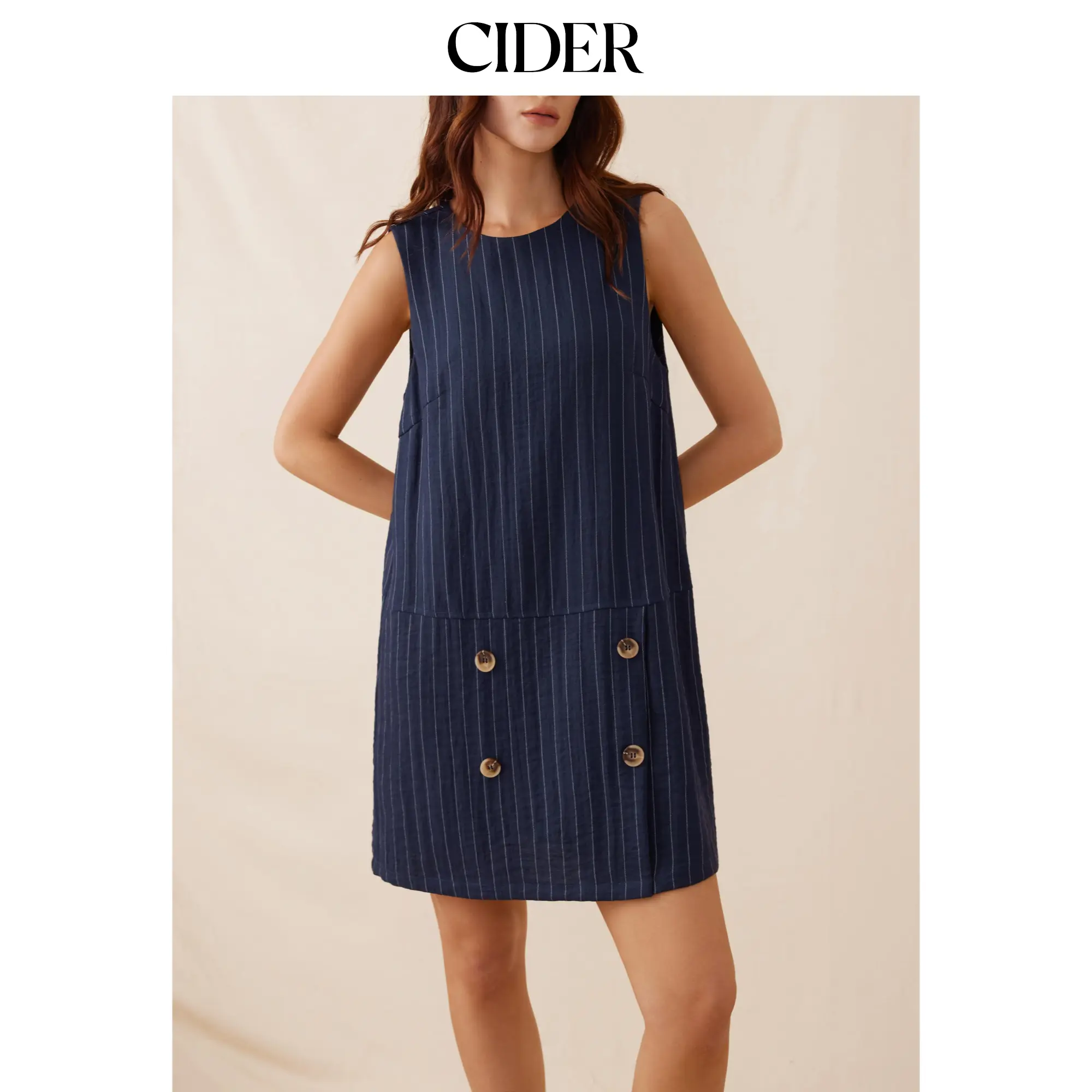 Cider Woven Striped Buttons Sleeveless A-line Mini Dress SohoChic