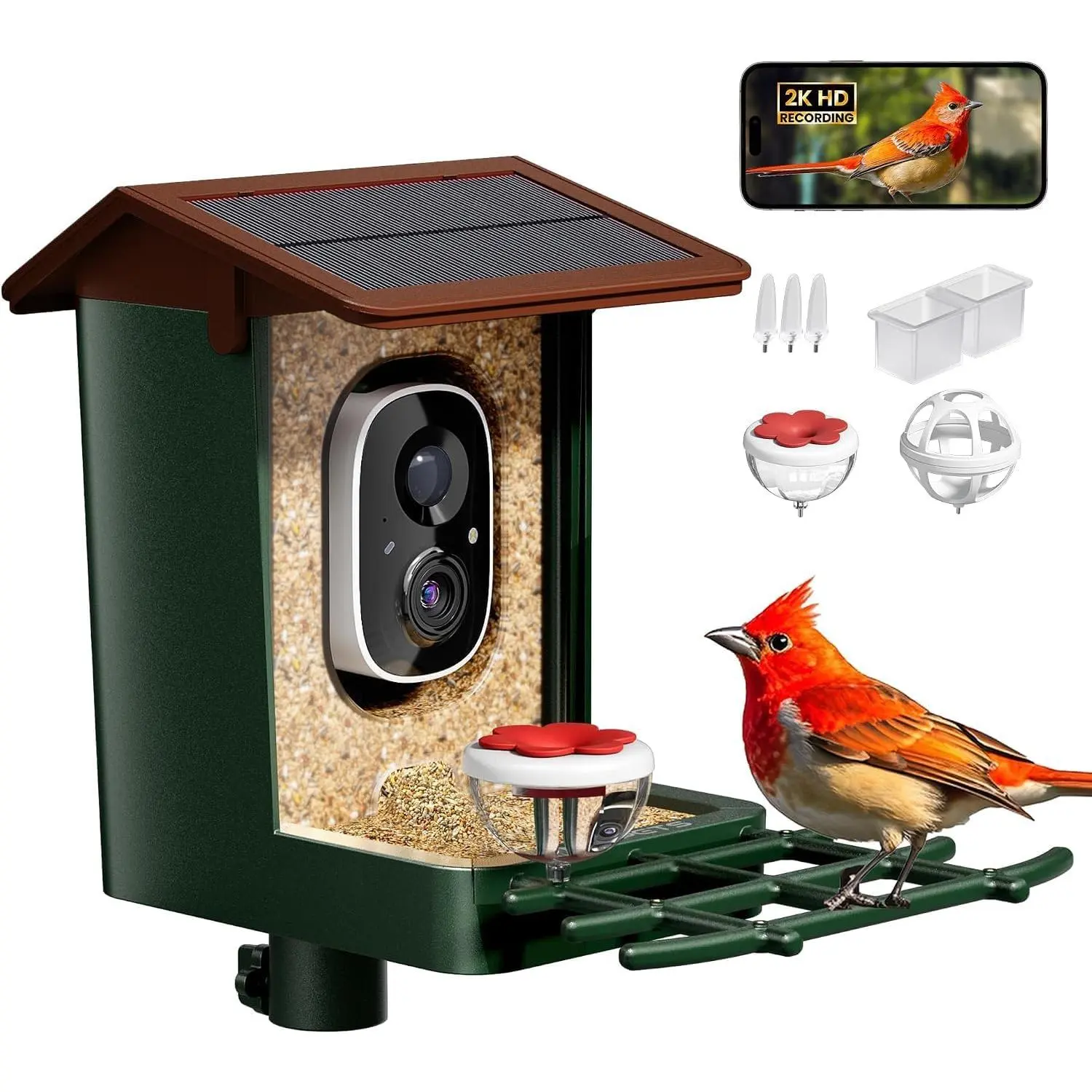 Smart Bird Feeder with Camera Solar Powered 2K HD Video, 10,000+ Species AI Recognition, Real-Time App Alerts, and Weatherproof Design for Effortless Birdwatching, Gift for Bird Lovers, Brown