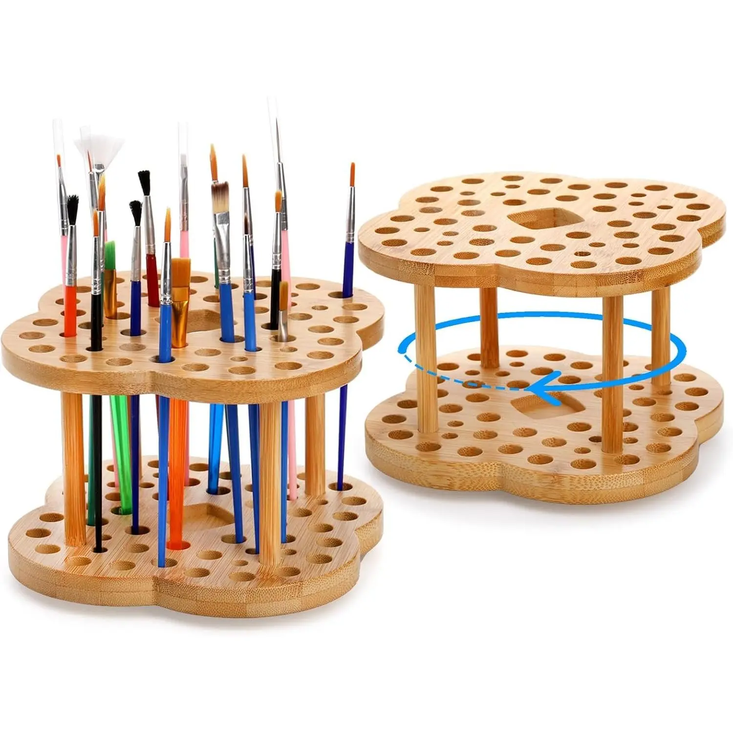 2 Pack Rotating Paint Brush Organizer Holder - 53 Holes Bamboo Display Drying Stand - Artist Watercolor Brush Stand Rack Art Supply Storage Organizer