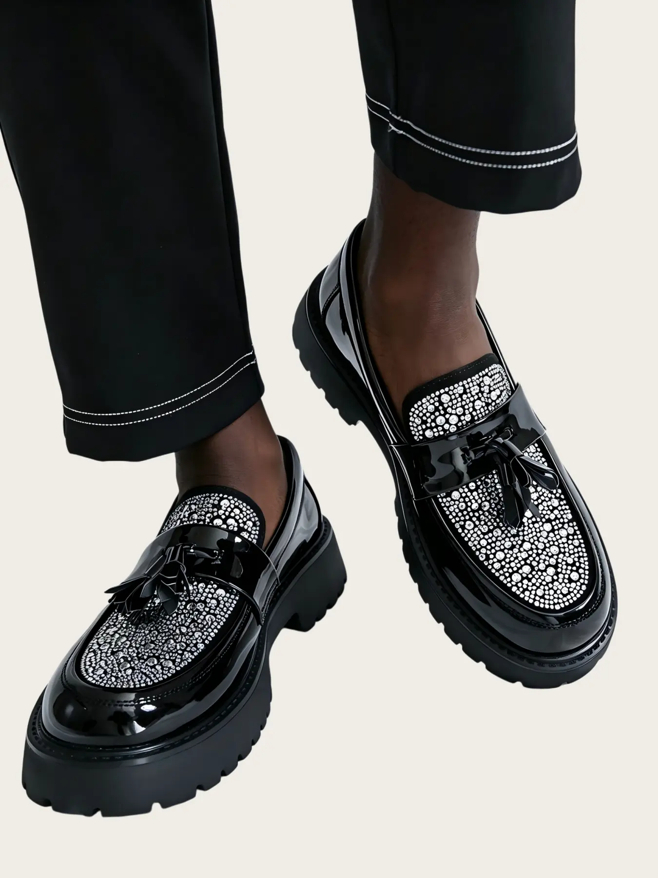 Rhinestone Tassel Platform Loafers, Fashion Loafers, Tuxedo Loafers for Men. Crafted with patent leather, rhinestone upper & classic fringe detail for gentleman vibes. Thick lug sole delivers hidden height boost, slip-on design for effortless wear
