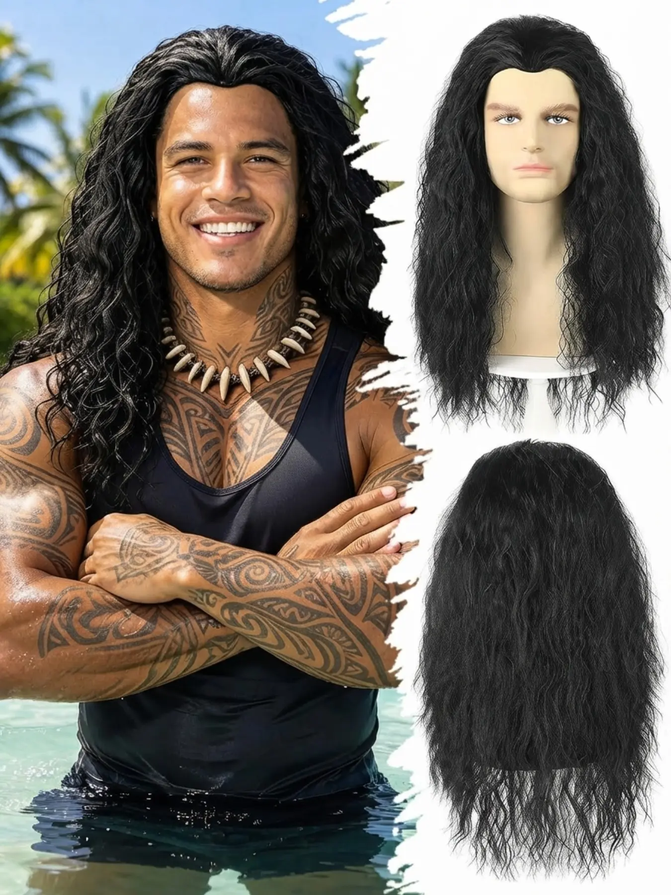 Long Black Curly Wig for Men, 80s Heavy Metal Rocker Wig, Long Wavy Synthetic Hair Wig for Men Cosplay, Halloween Costume, Theme Party & Daily Fashion, Natural Looking Realistic Full Wig, Heat Resistant