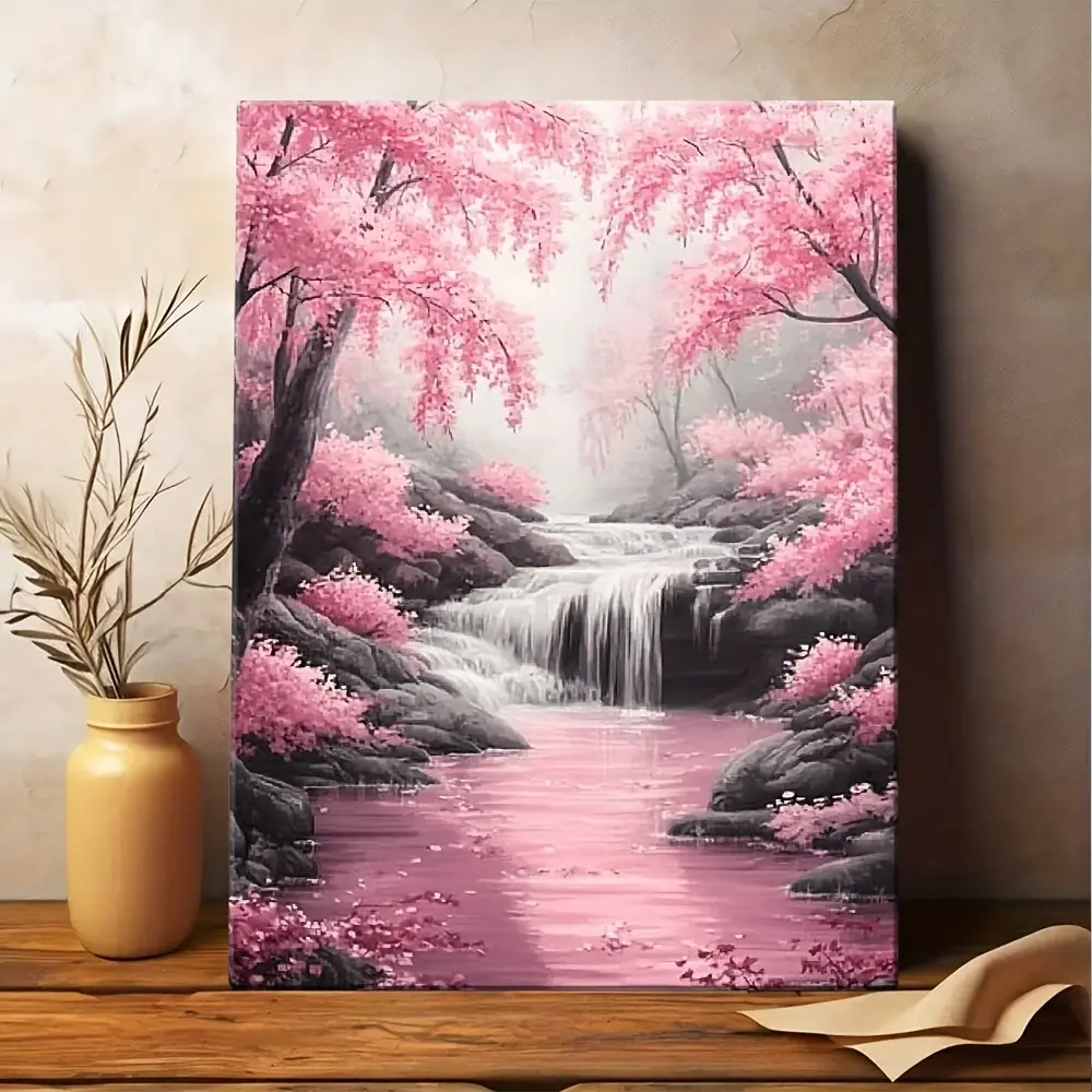 1-Piece Wooden 2D Flat Photo Frame (12x18x1in) - Hangable, Pink Cherry Blossom-Waterfall Pattern, Easy-Installation Farmhouse Home Decor, Multi-Size Wall Art for Beautify the Wall, Thanksgiving, Canada Day Living Space Decor