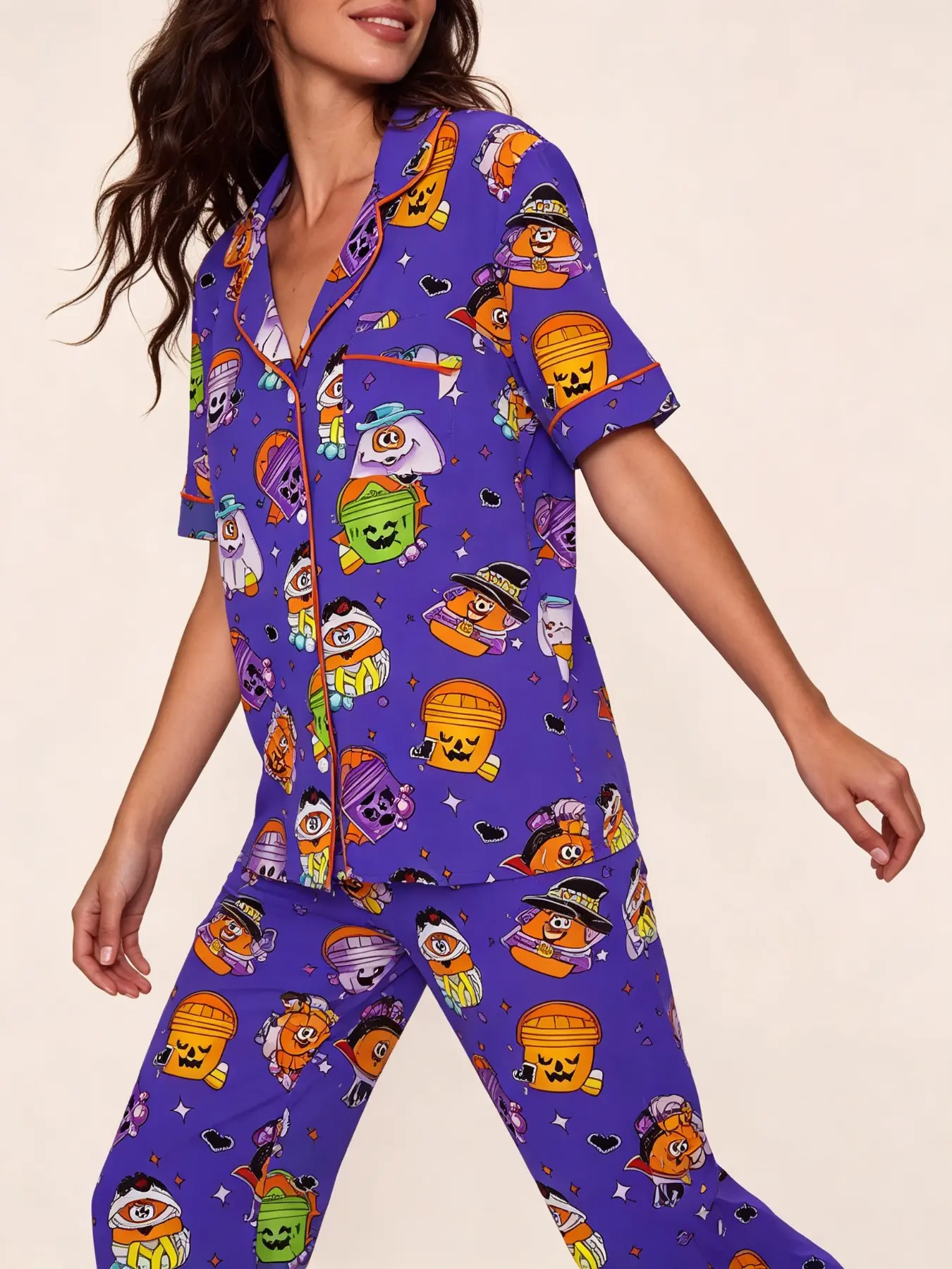 Women's Halloween Pajama Set, Cartoon Print, Short Sleeve Open Front Top, Long Pants, Fun Holiday Home Sleepwear, Nightwear Loungewear Set