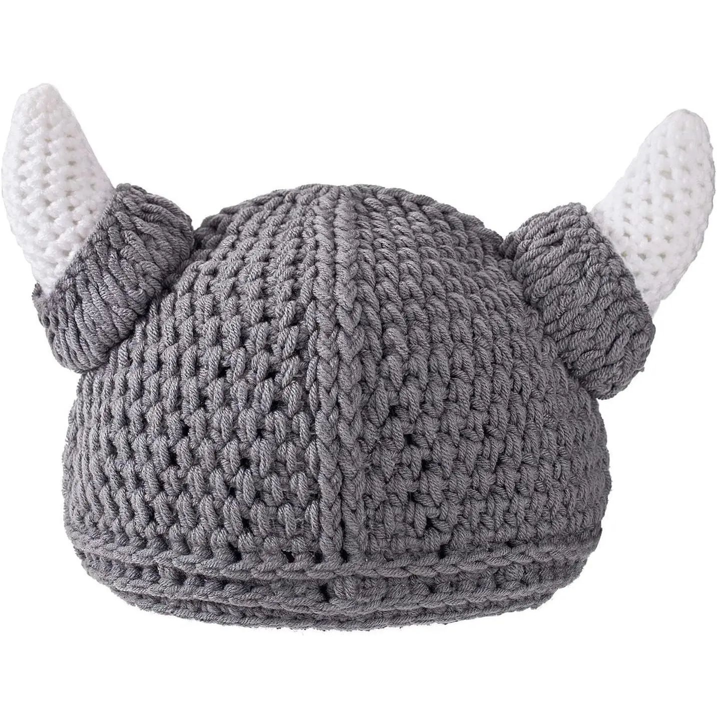 Handmade Craft Viking Horned Beanie - Cute Handmade Knit Cap for Babies & Adults, Gray Crochet Barbarian Hat (Baby & Maternity Fashion Accessory)