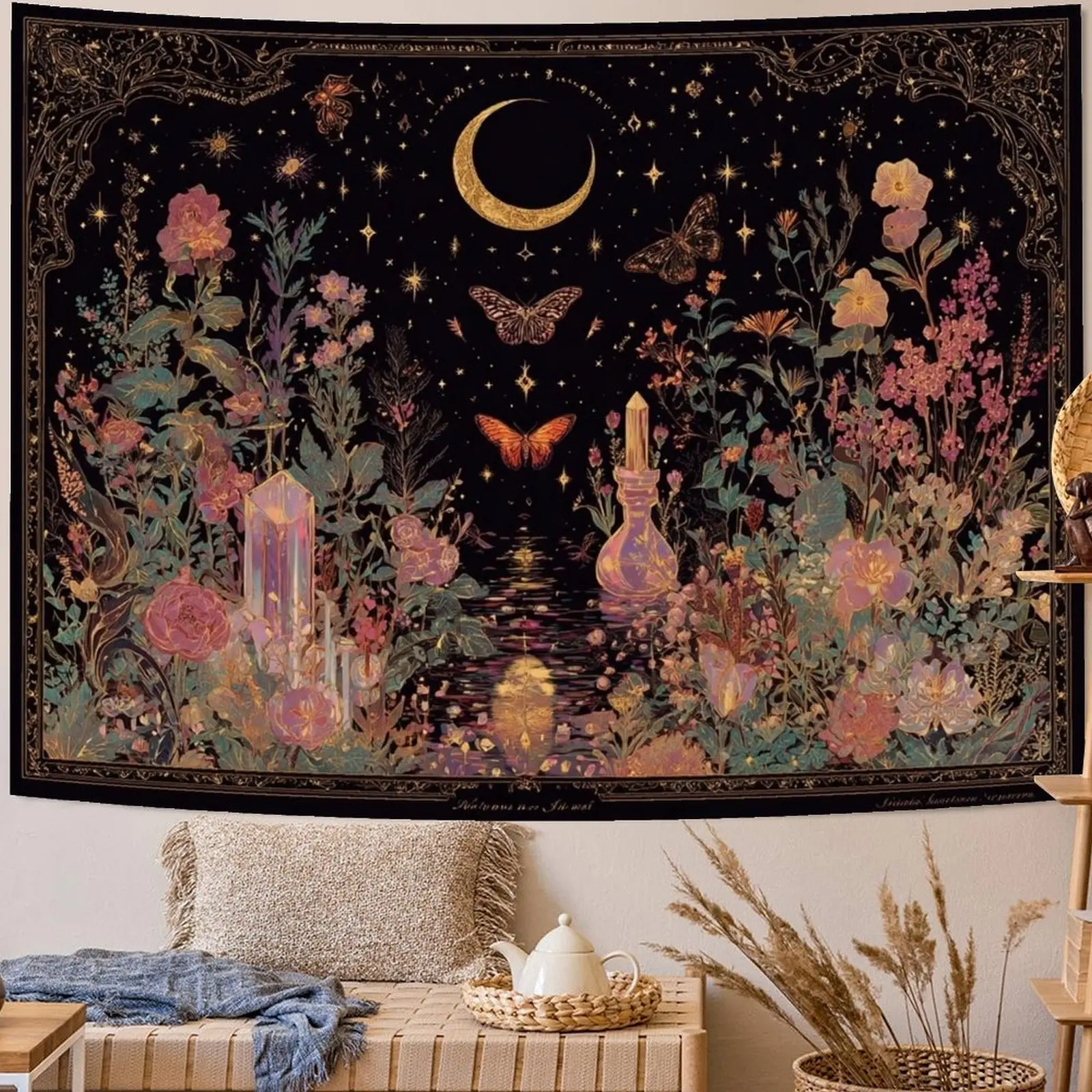 Boho Butterfly Tapestry Wall Art with Flower Moon Phase Print Cute Decor for Bedroom Living Room Dorm Apartment Aesthetic Wall Hanging,Western,Galloping,Horse Tapestry Throw