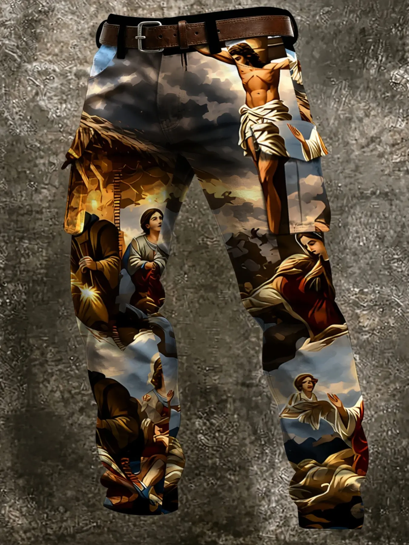 Vintage Art Oil Painting Cargo Pants, Slim-Fit Long Trousers with Side Pockets, Casual Fall & Winter Wear, Unique Artistic Style
